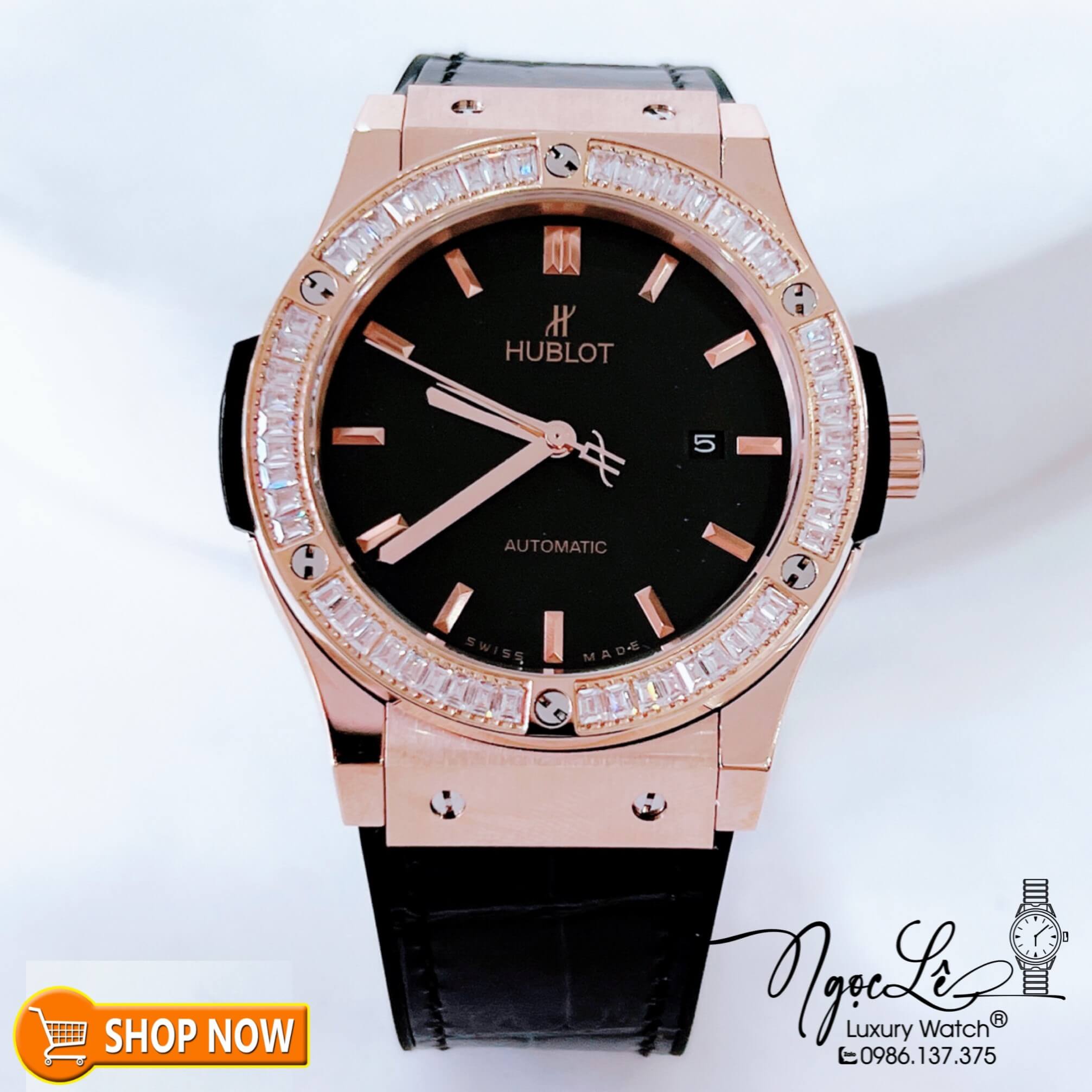 Đồng Hồ Hublot Classic Fusion Nam Máy Cơ Tự Động Dây Da Silicon Đen Đính Đá Ống Vỏ Rose 42mm