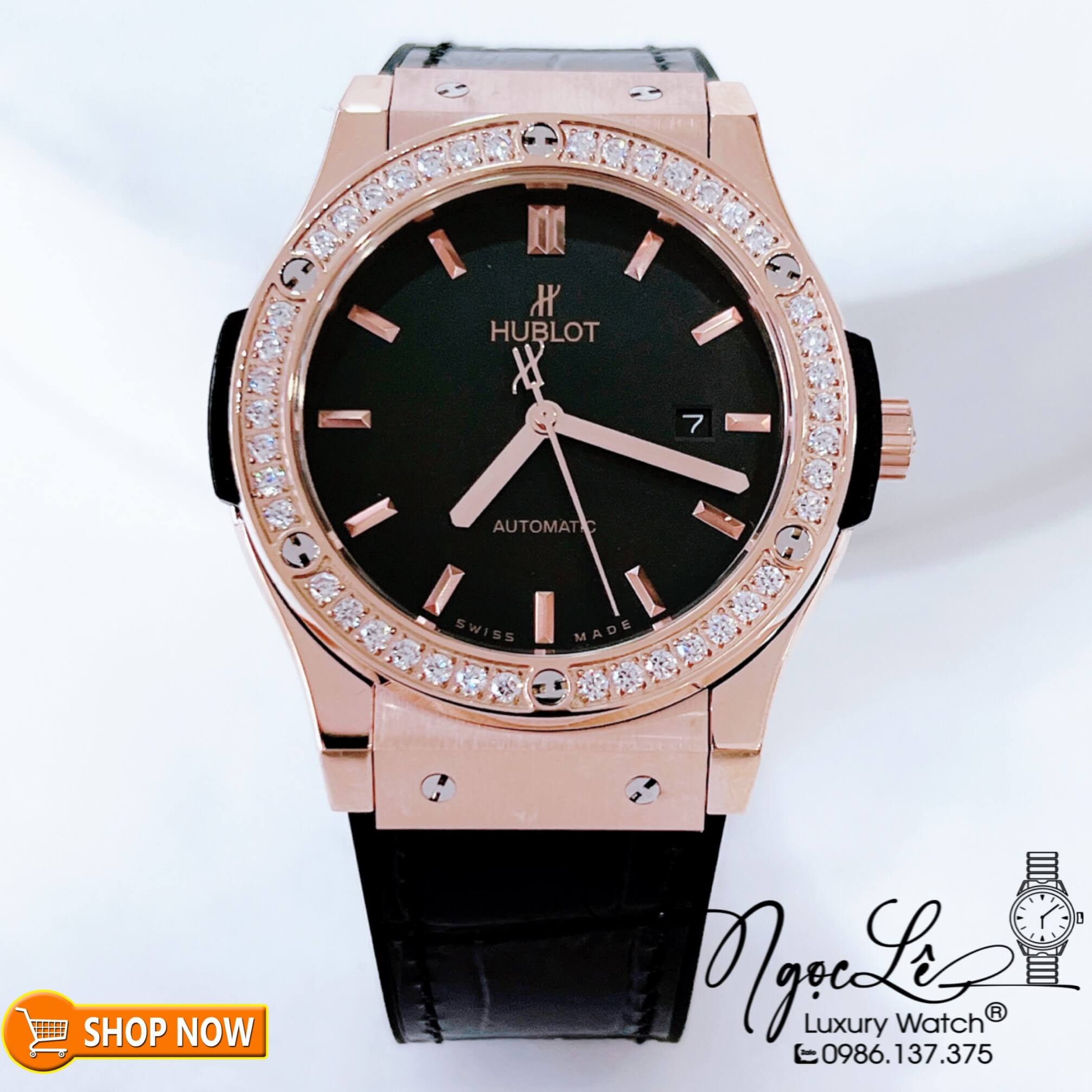 Đồng Hồ Hublot Classic Fusion Nam Máy Cơ Tự Động Dây Da Silicon Đen Đính Đá Tròn Vỏ Rose 42mm