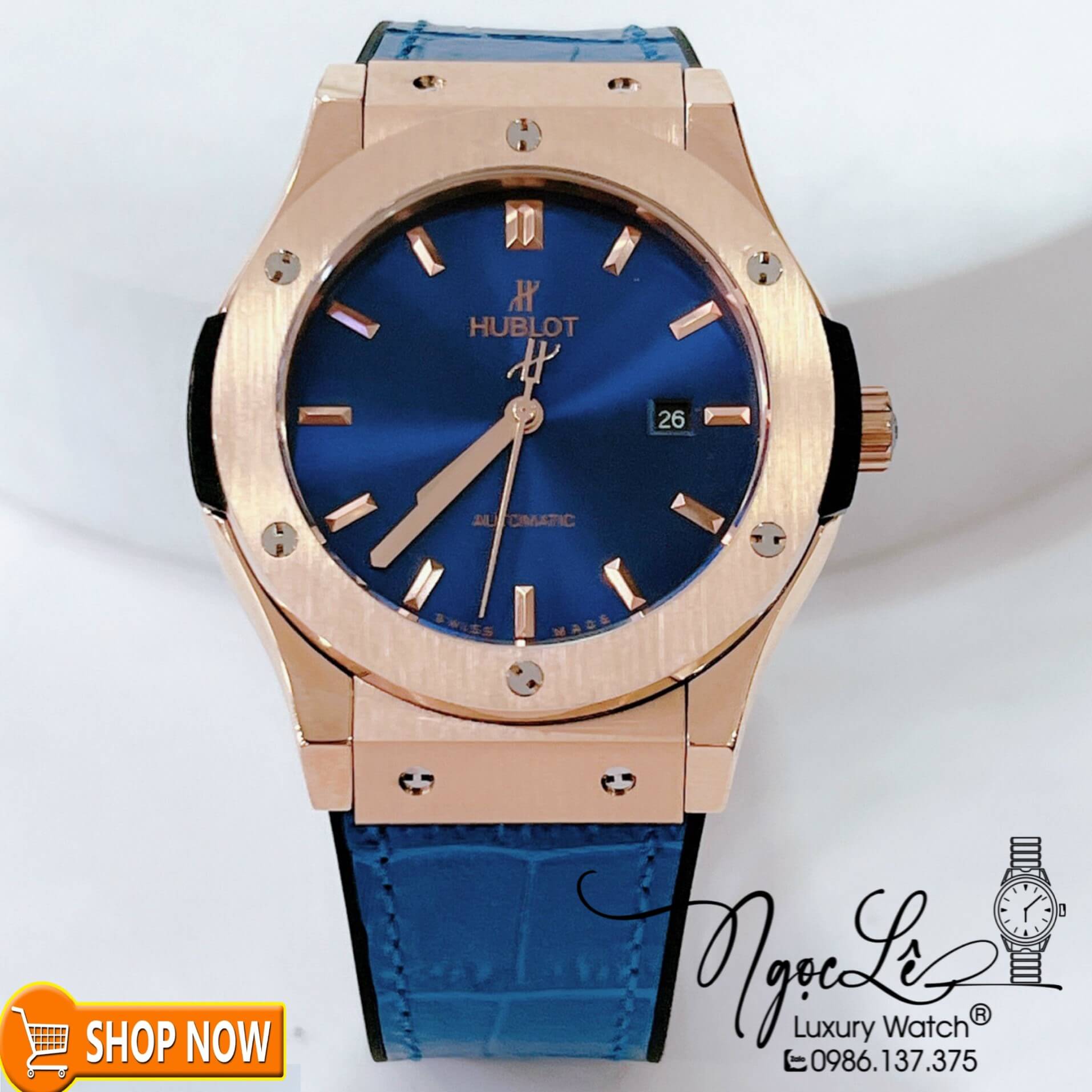 Đồng Hồ Hublot Classic Fusion Nam Máy Cơ Tự Động Dây Silicon Xanh Dương Vỏ Rose Size 42mm