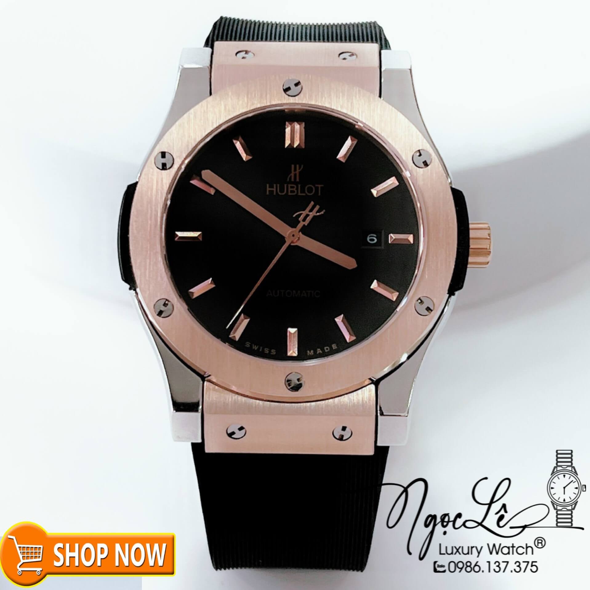 Đồng Hồ Hublot Classic Fusion Nam Máy Cơ Tự Động Dây Silicon Đen Mặt Đen Vỏ Rose Size 42mm