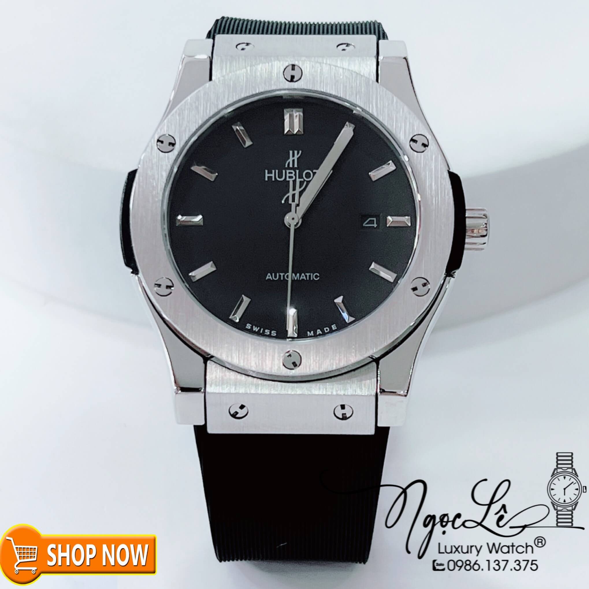 Đồng Hồ Hublot Classic Fusion Nam Máy Cơ Tự Động Dây Silicon Đen Mặt Đen Vỏ Bạc Size 42mm