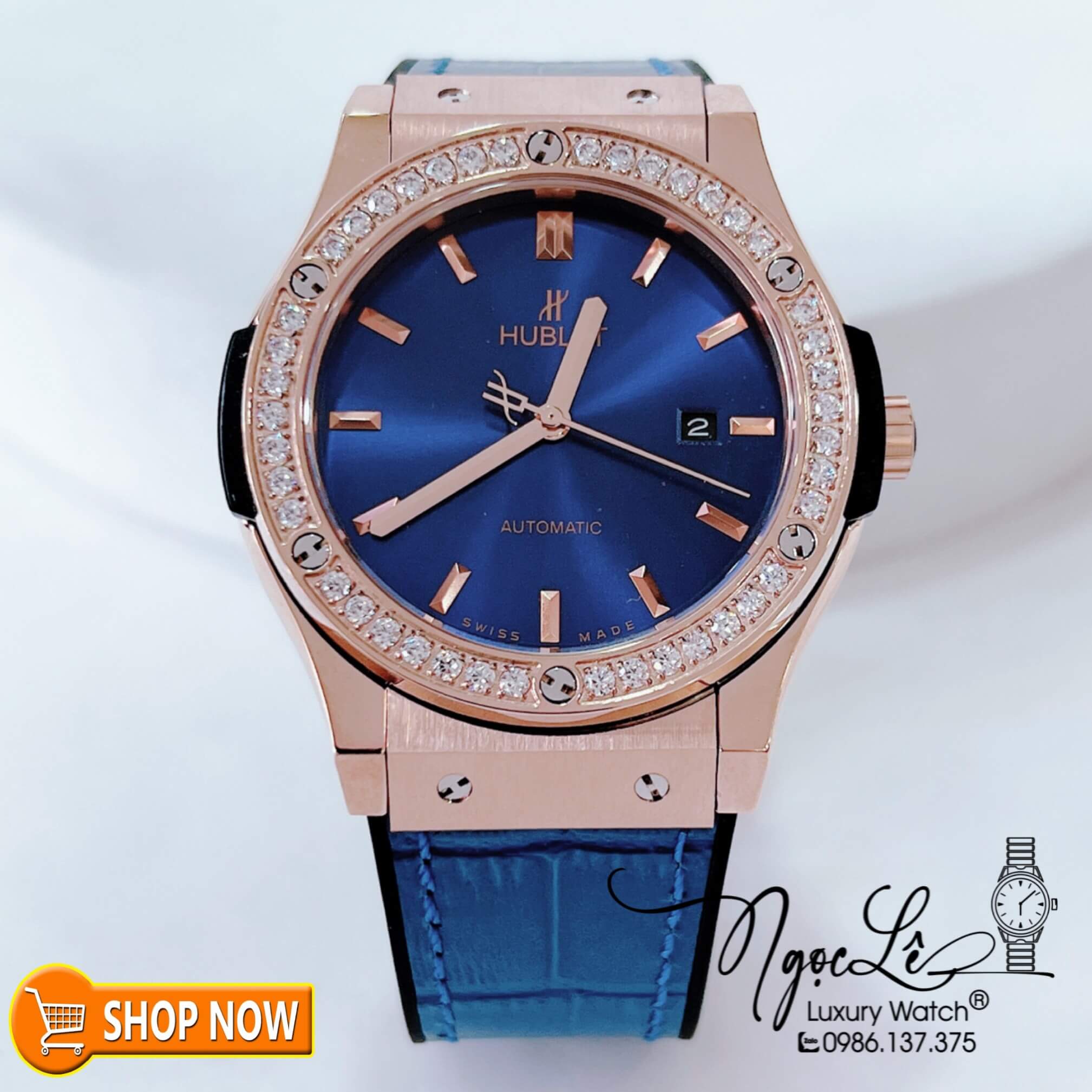 Đồng Hồ Hublot Classic Fusion Nam Máy Cơ Tự Động Dây Da Silicon Xanh Đính Đá Tròn Vỏ Rose 42mm