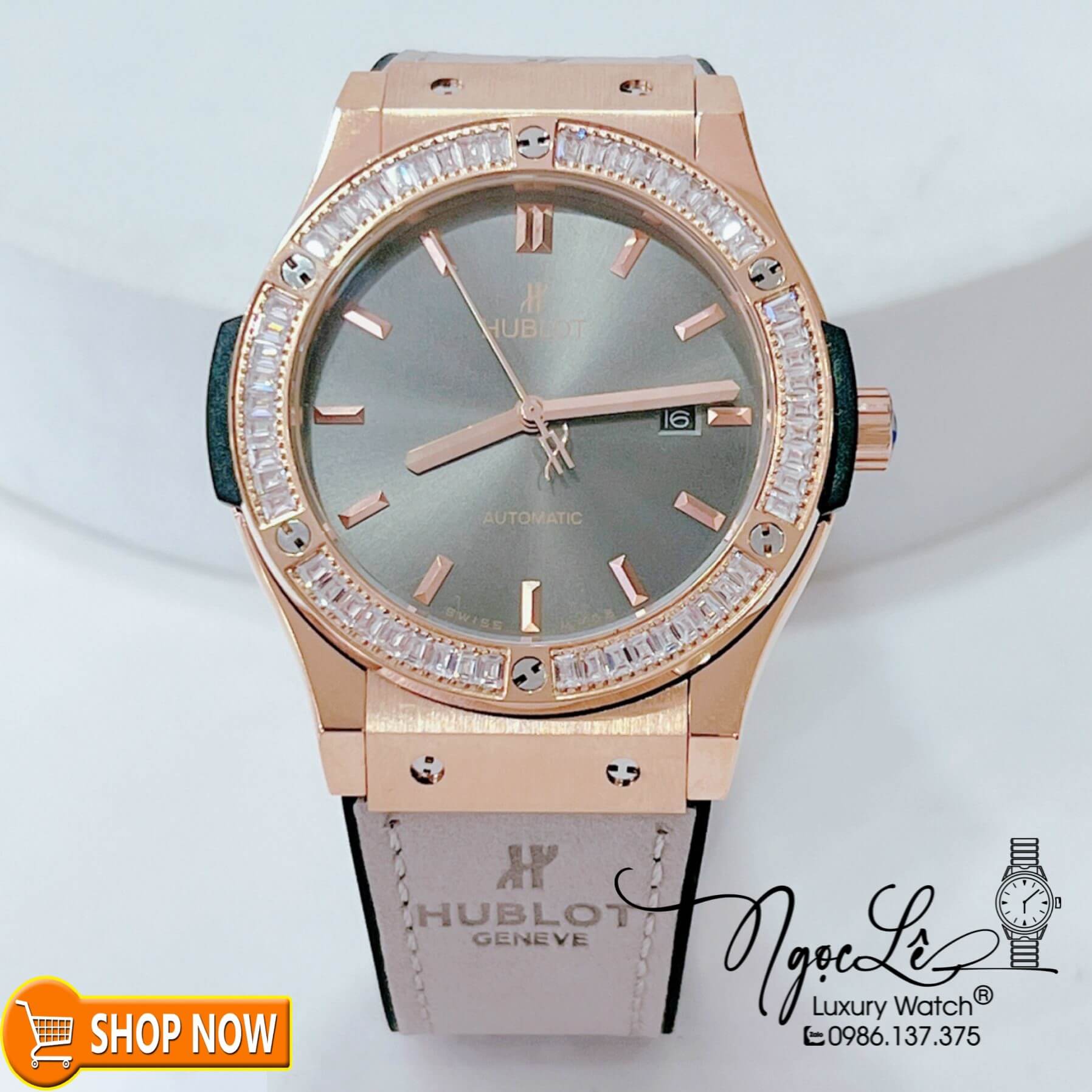 Đồng Hồ Hublot Classic Fusion Nam Máy Cơ Tự Động Dây Da Silicon Xám Đính Đá Ống Vỏ Rose 42mm