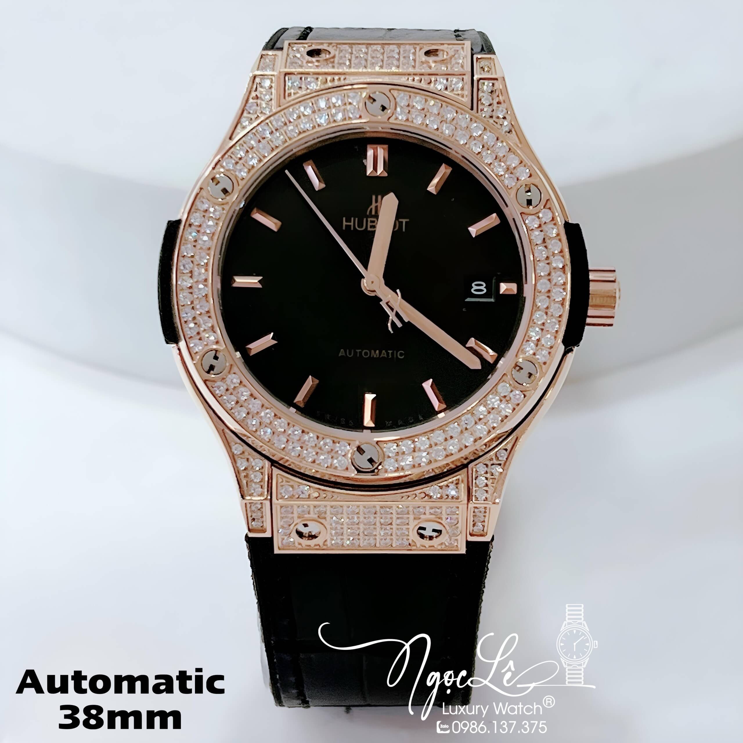 Đồng Hồ Hublot Nam Tự Động Dây Da Silicon Đen Đính Đá Rose Size 38mm
