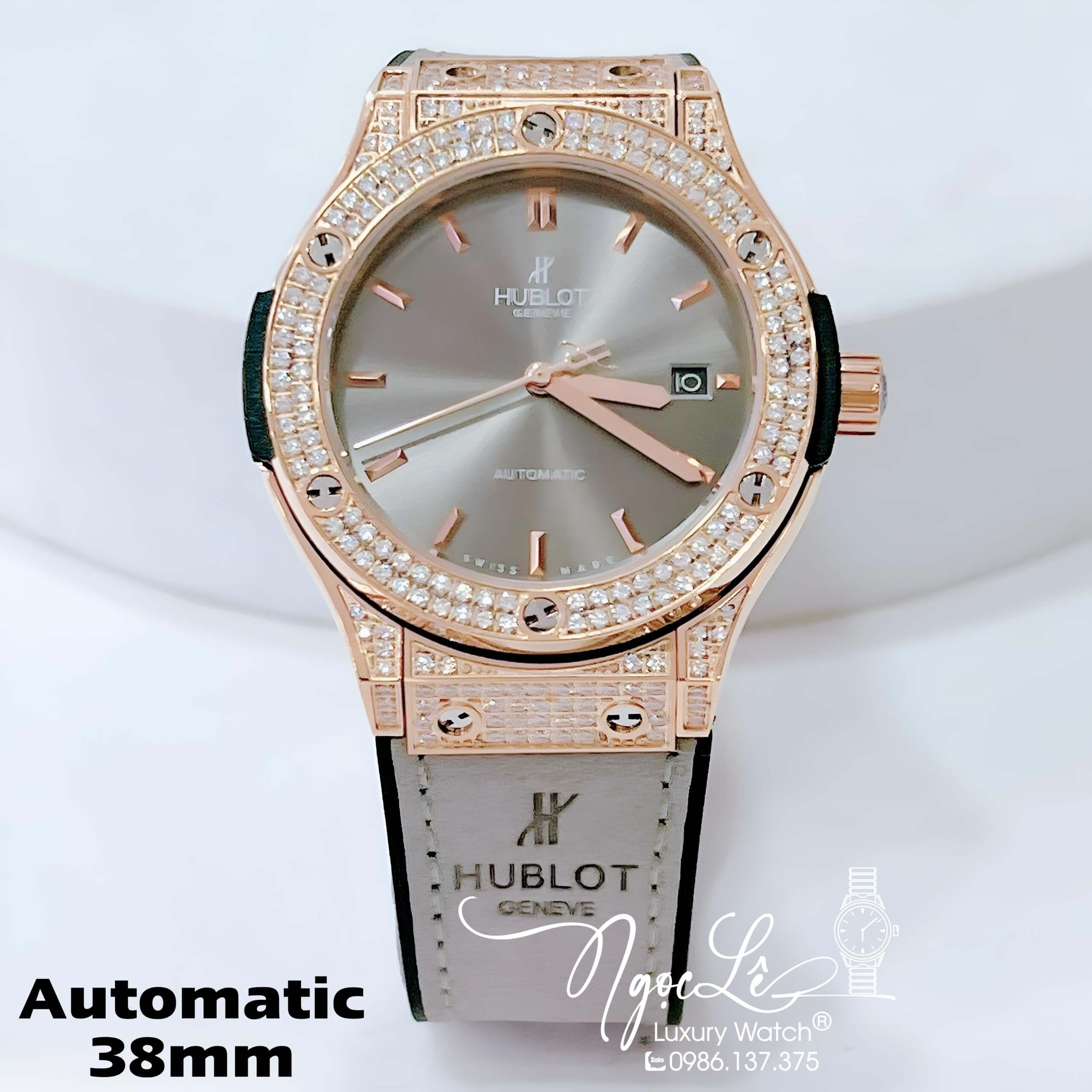 Đồng Hồ Hublot Nam Tự Động Dây Da Silicon Xám Đính Đá Rose Size 38mm