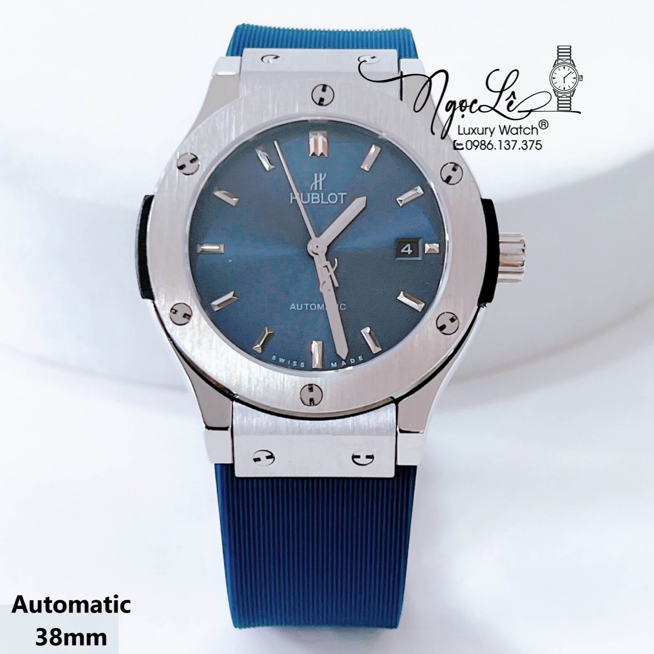 Đồng Hồ Hublot Nam Tự Động Dây Silicon Xanh Dương Vỏ Bạc Size 38mm