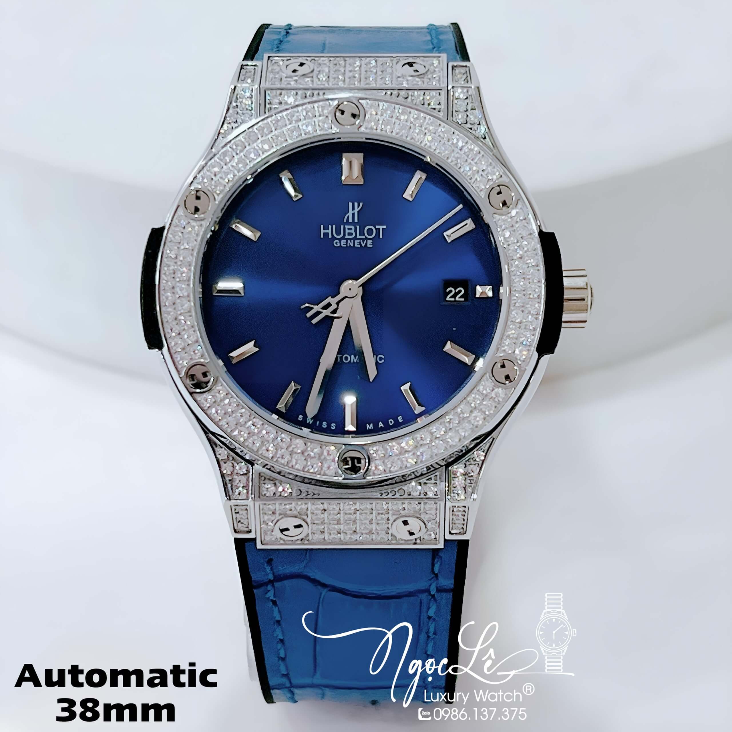 Đồng Hồ Hublot Nam Tự Động Dây Da Silicon Xanh Dương Đính Đá Bạc Size 38mm