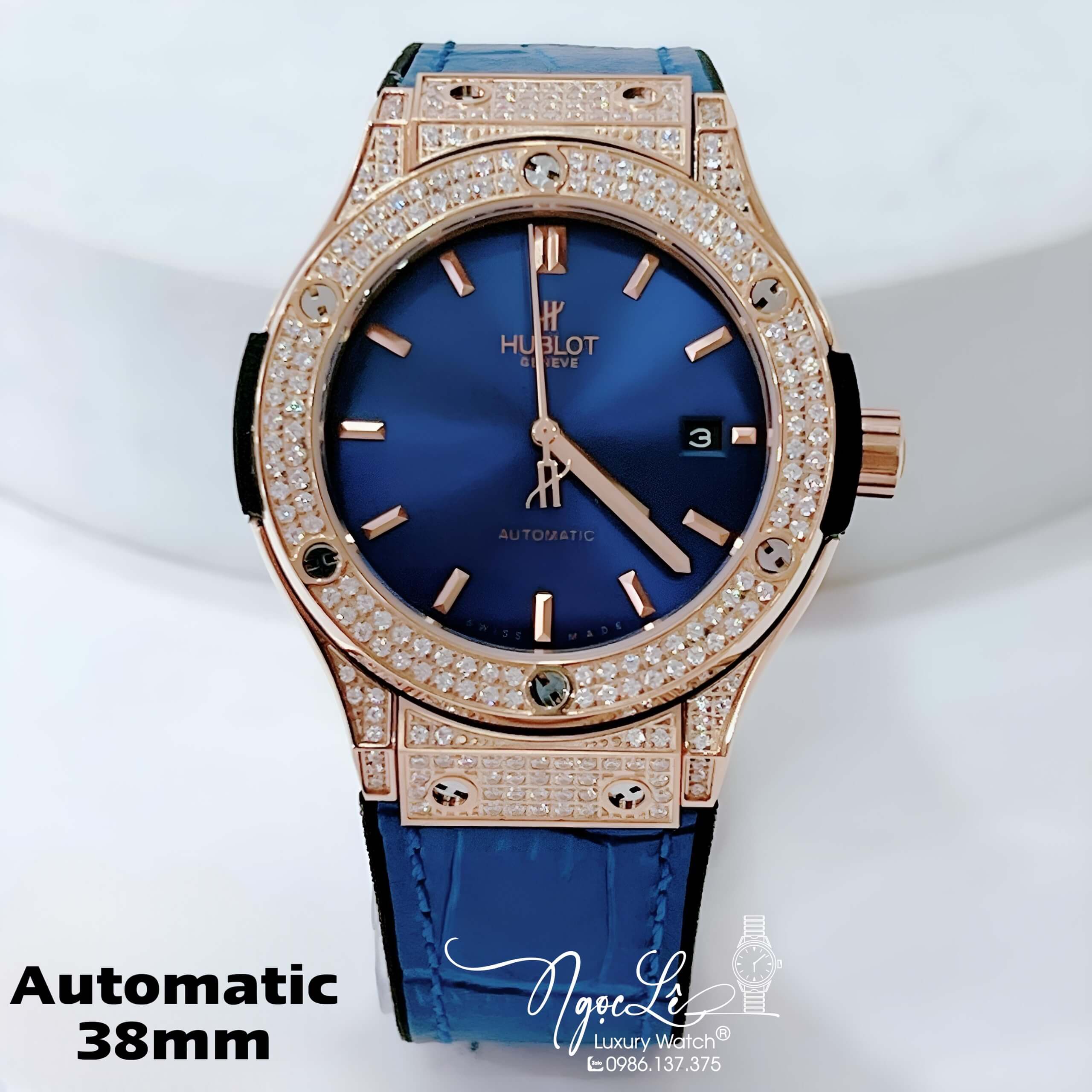Đồng Hồ Hublot Nam Tự Động Dây Da Silicon Xanh Dương Đính Đá Rose Size 38mm