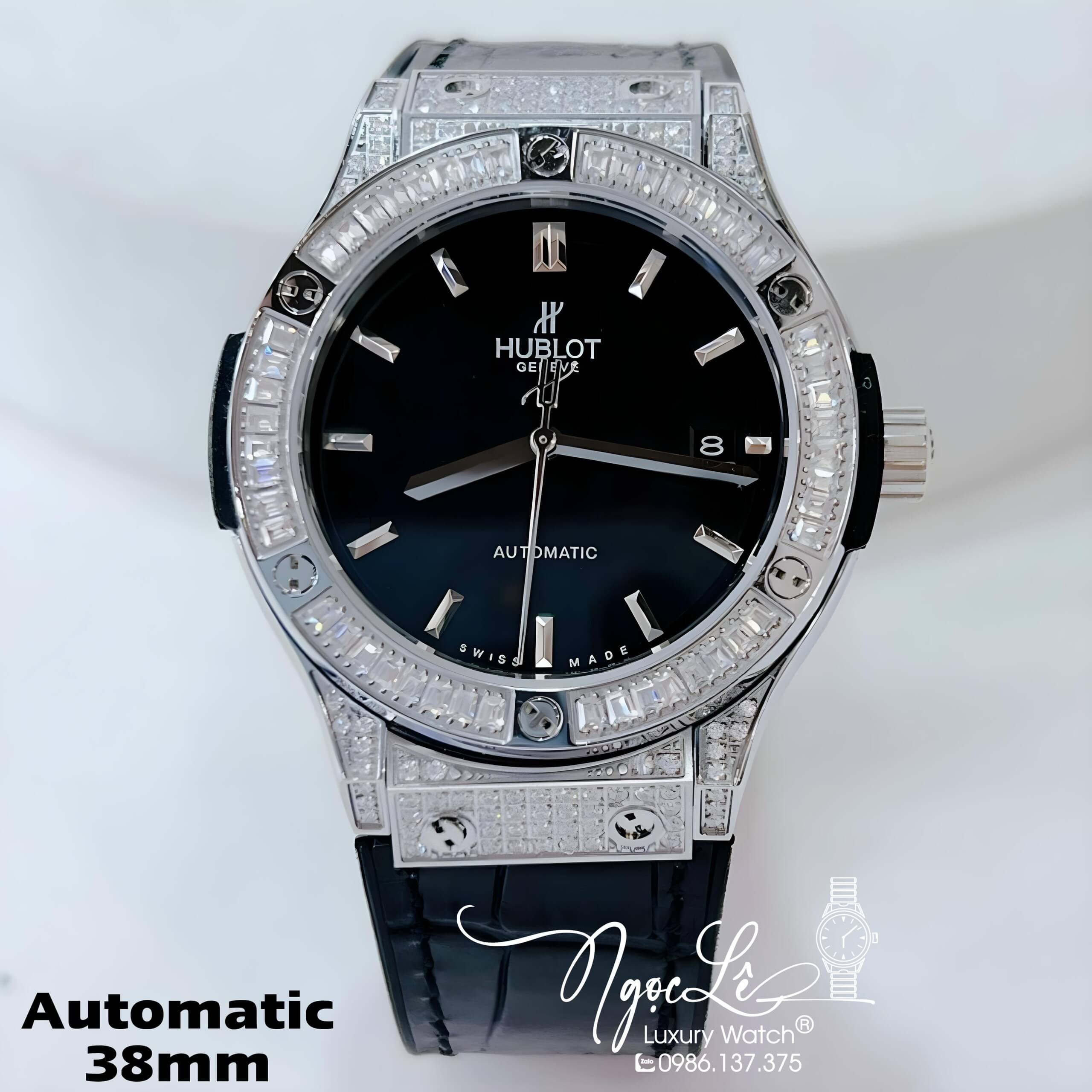 Đồng Hồ Hublot Nam Tự Động Dây Da Silicon Đen Đính Đá Bạc Size 38mm