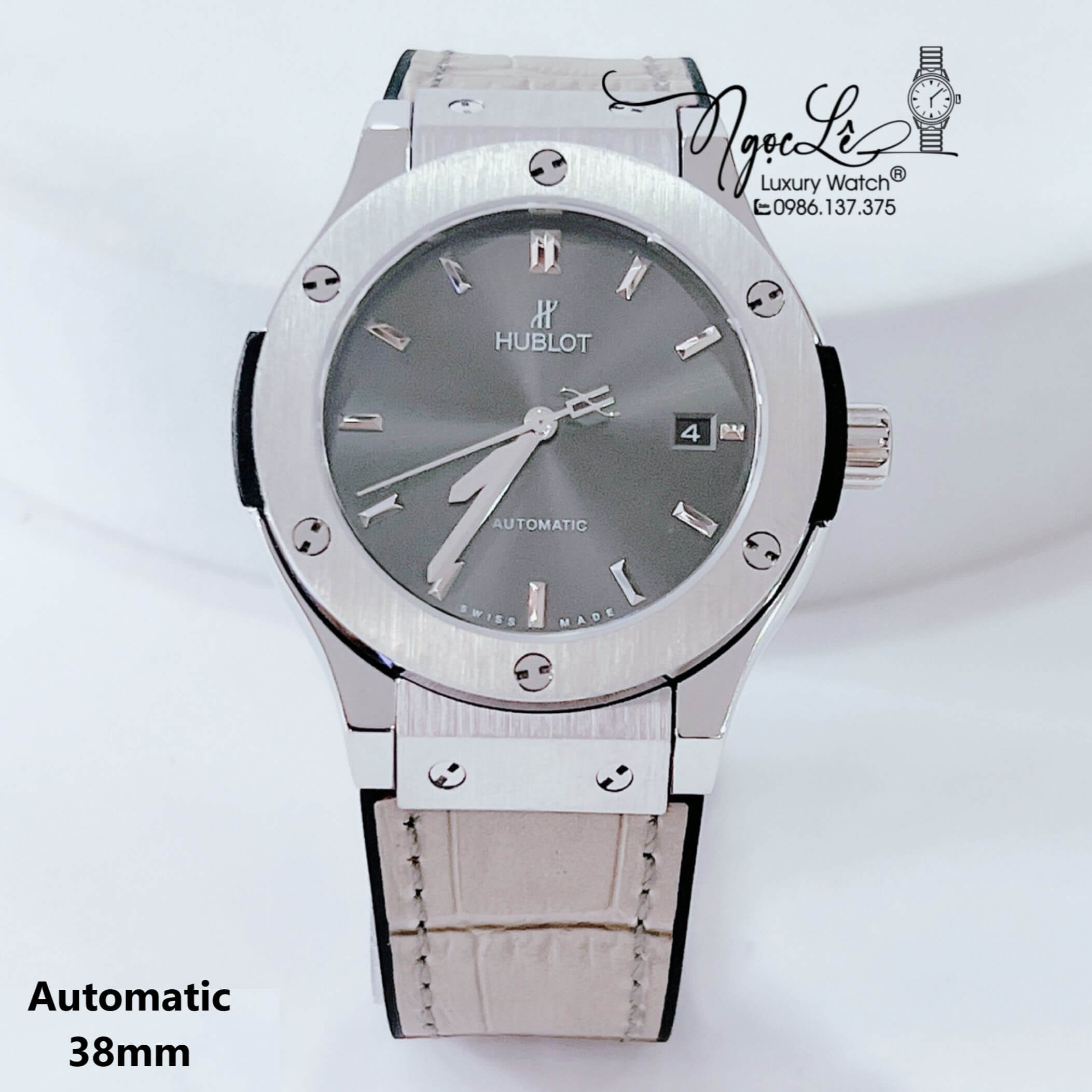 Đồng Hồ Hublot Nam Tự Động Dây Da Silicon Xám Mặt Xám Vỏ Bạc Size 38mm