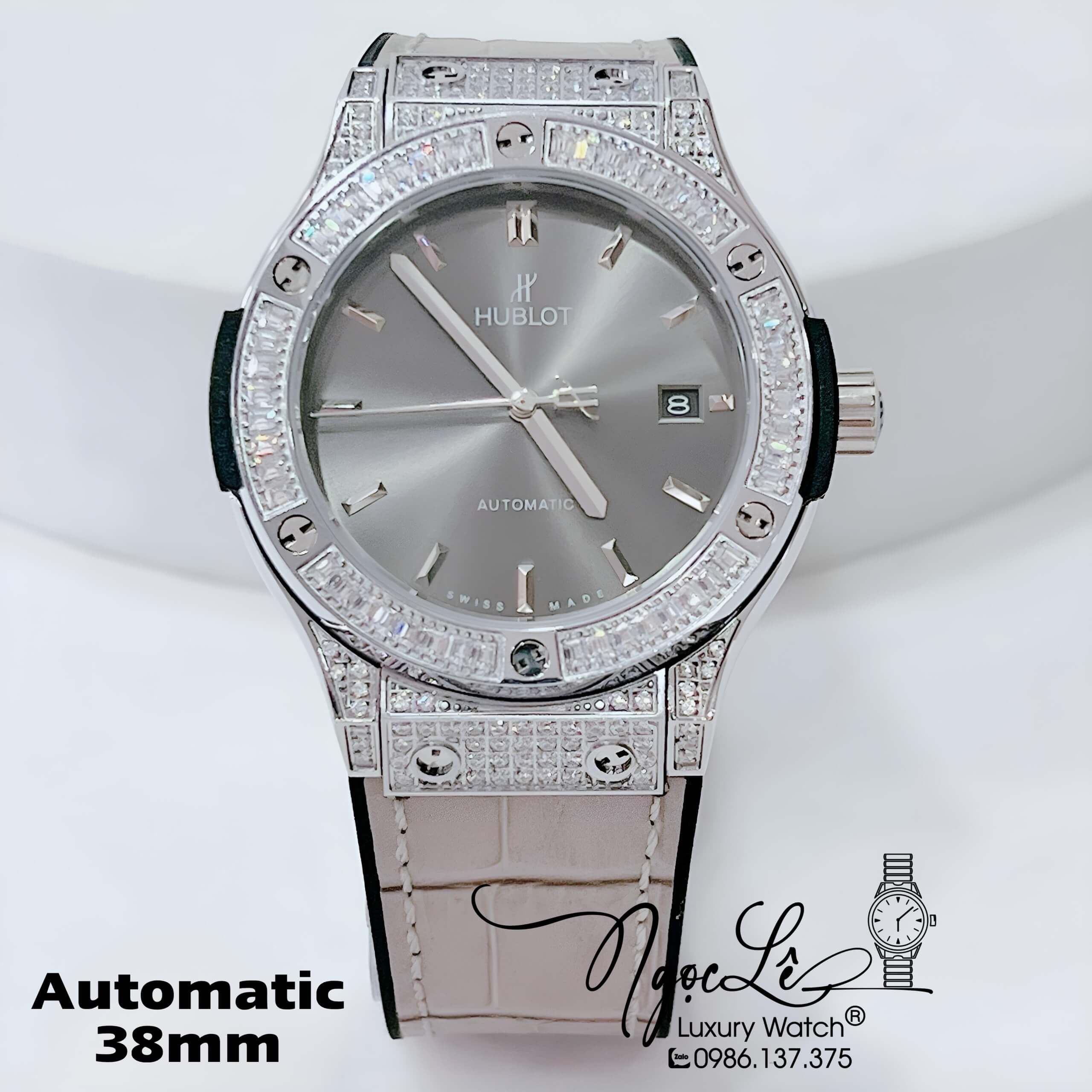 Đồng Hồ Hublot Nam Tự Động Dây Da Silicon Xám Đính Đá Bạc Size 38mm