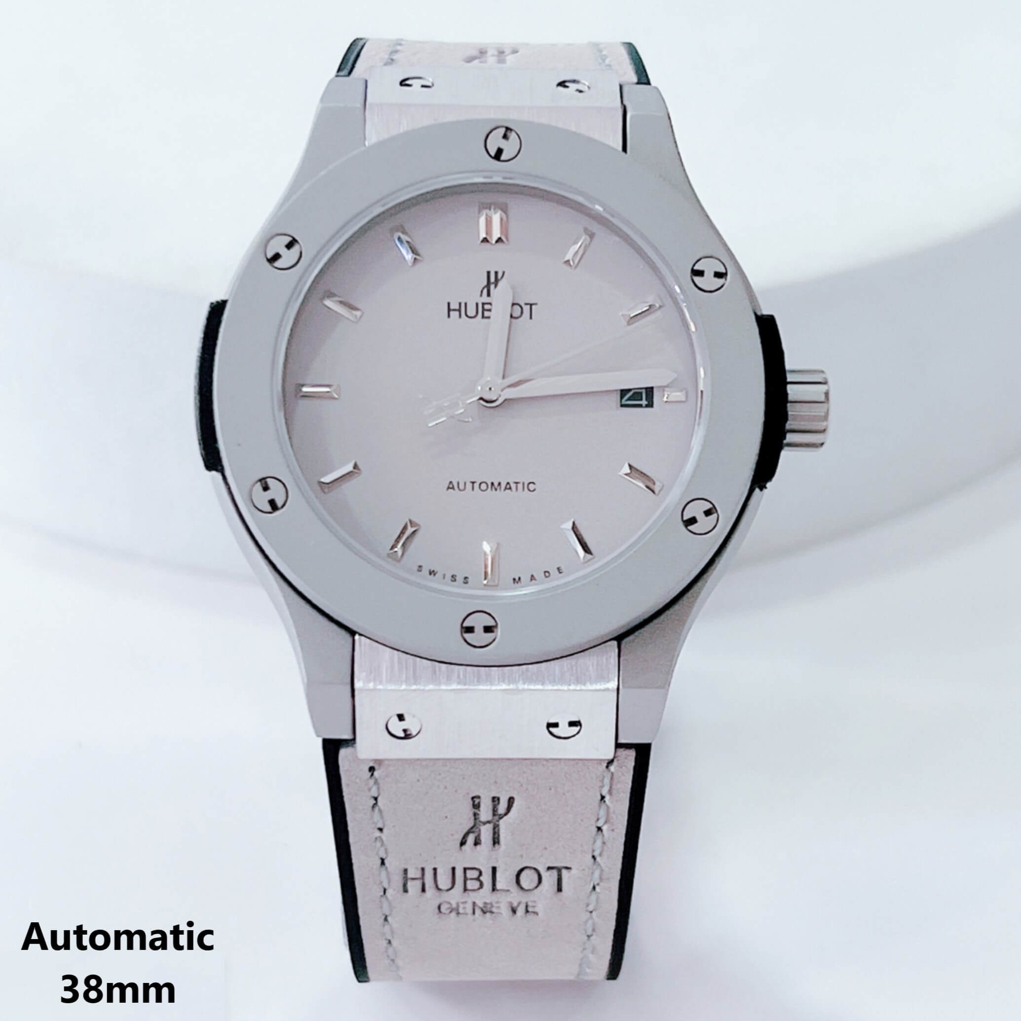 Đồng Hồ Hublot Nam Tự Động Dây Da Silicon Xám Vỏ Bạc Size 38mm
