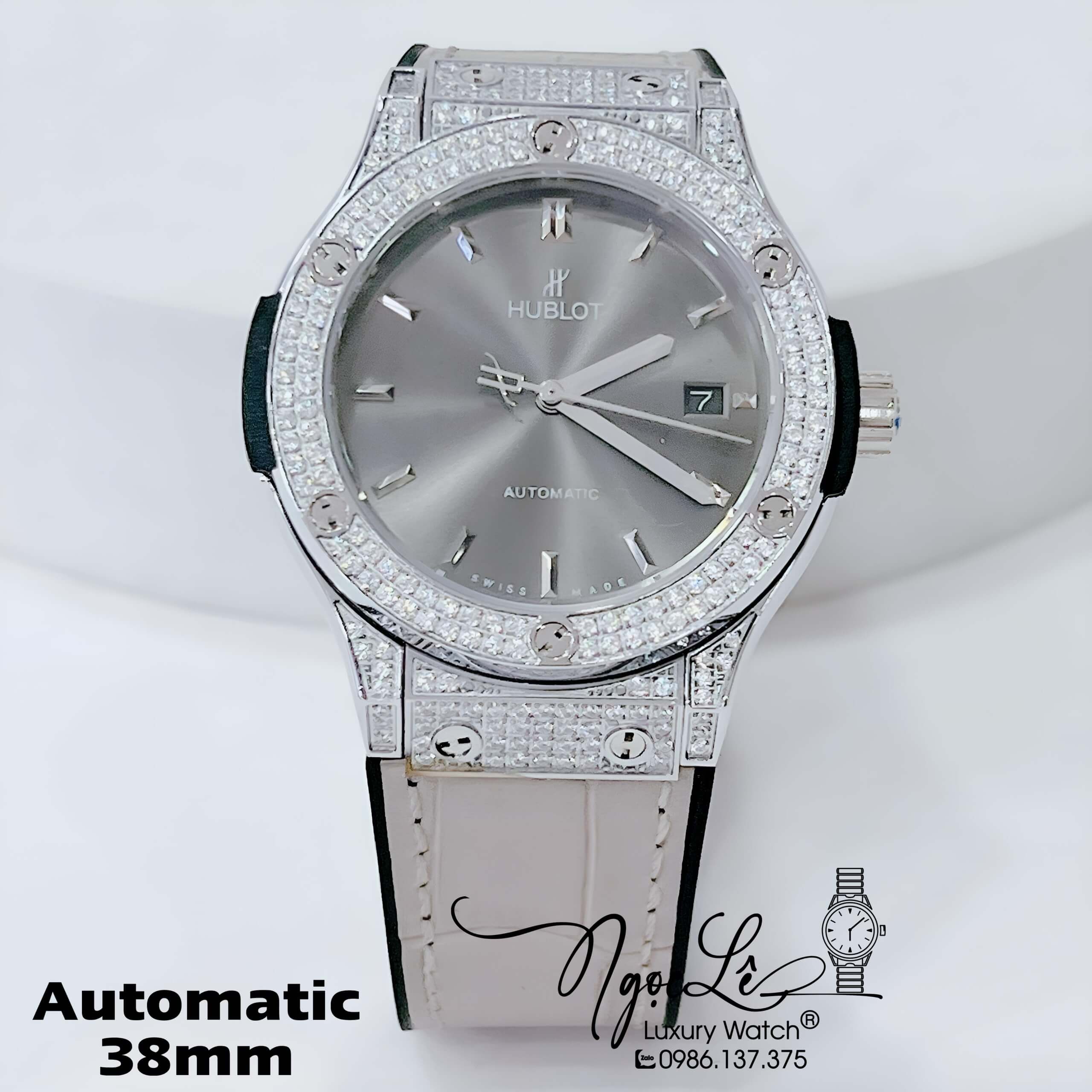 Đồng Hồ Hublot Nam Tự Động Dây Da Silicon Xám Đính Đá Bạc Size 38mm
