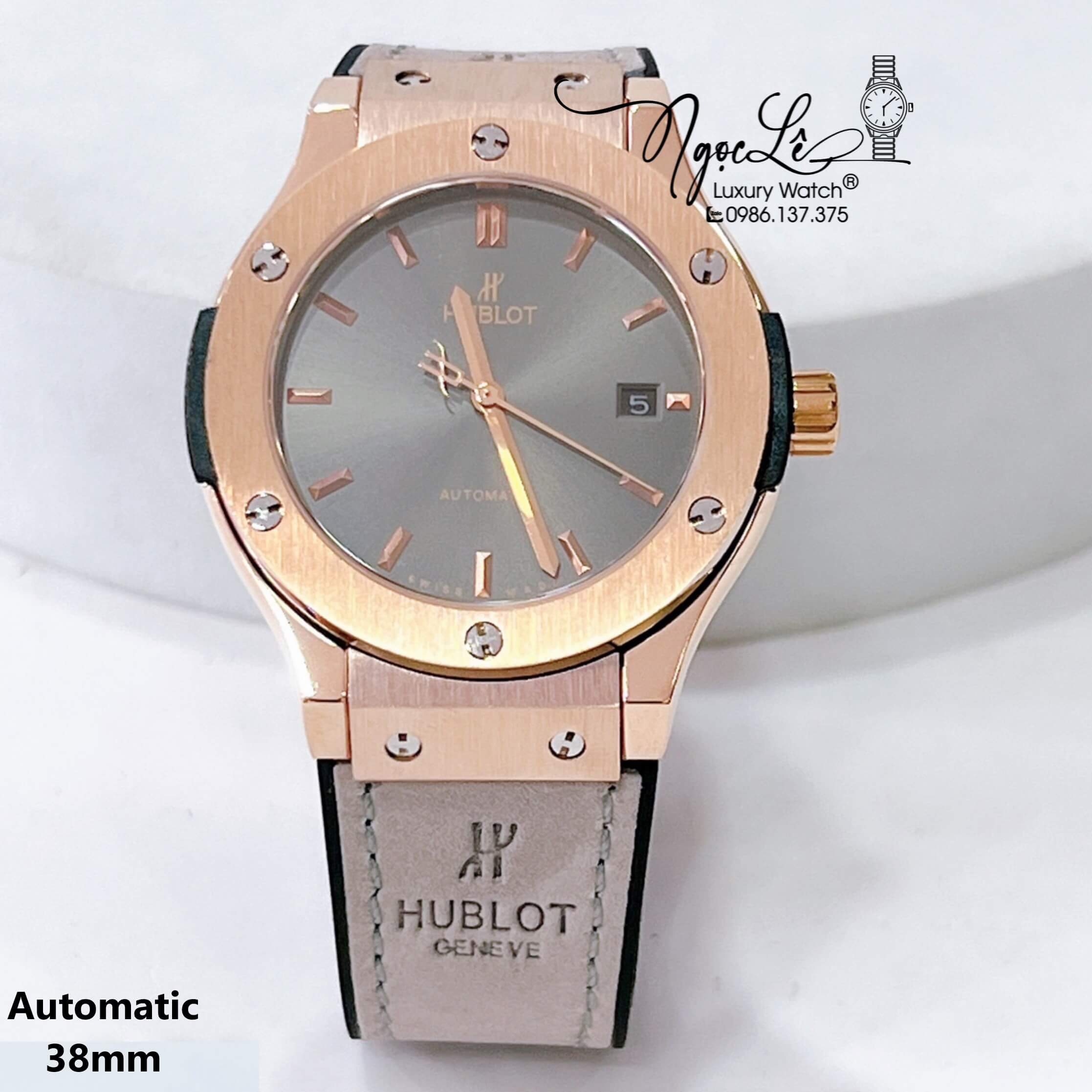 Đồng Hồ Hublot Nam Tự Động Dây Da Silicon Xám Vỏ Rose Size 38mm