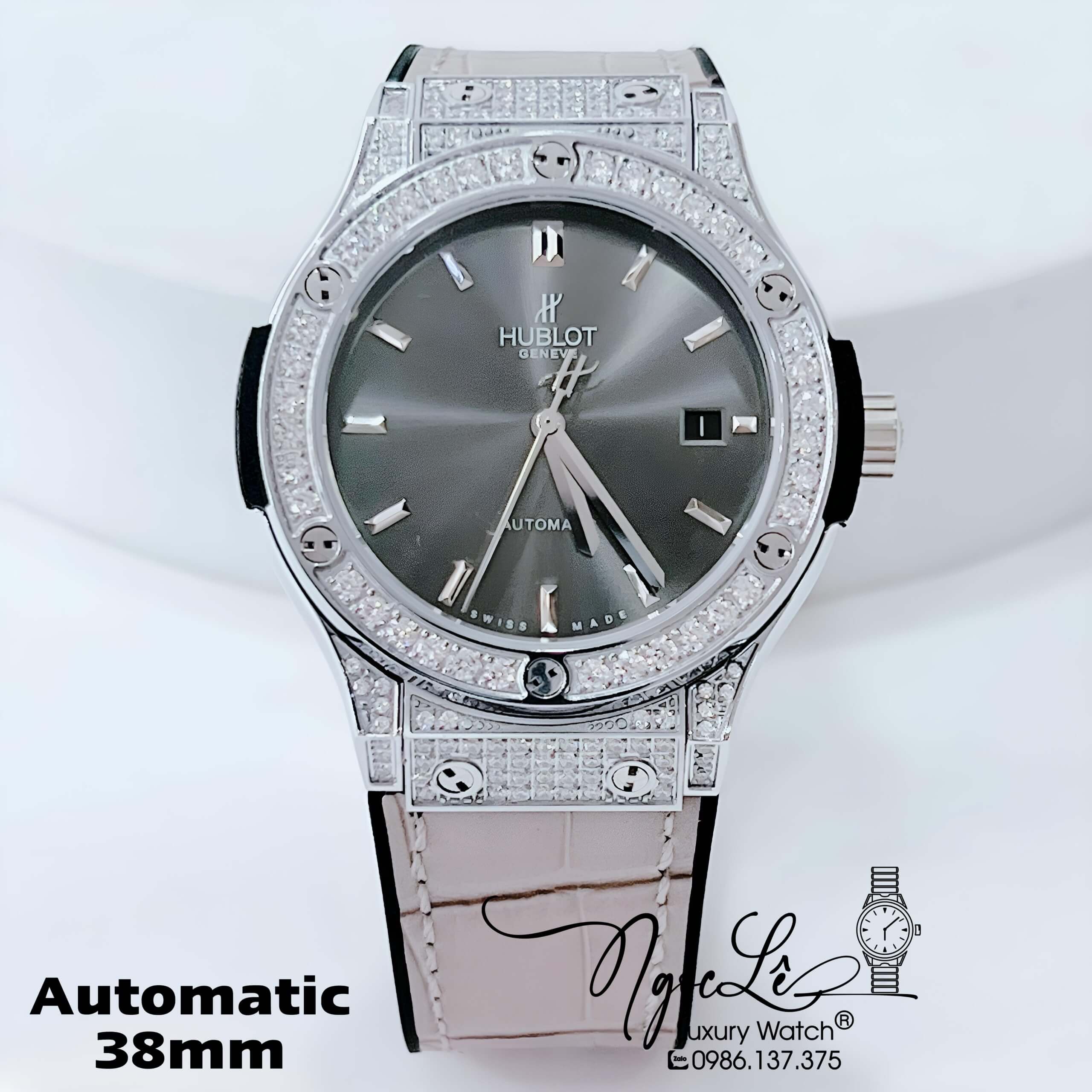 Đồng Hồ Hublot Nam Tự Động Dây Da Silicon Xám Đính Đá Bạc Size 38mm