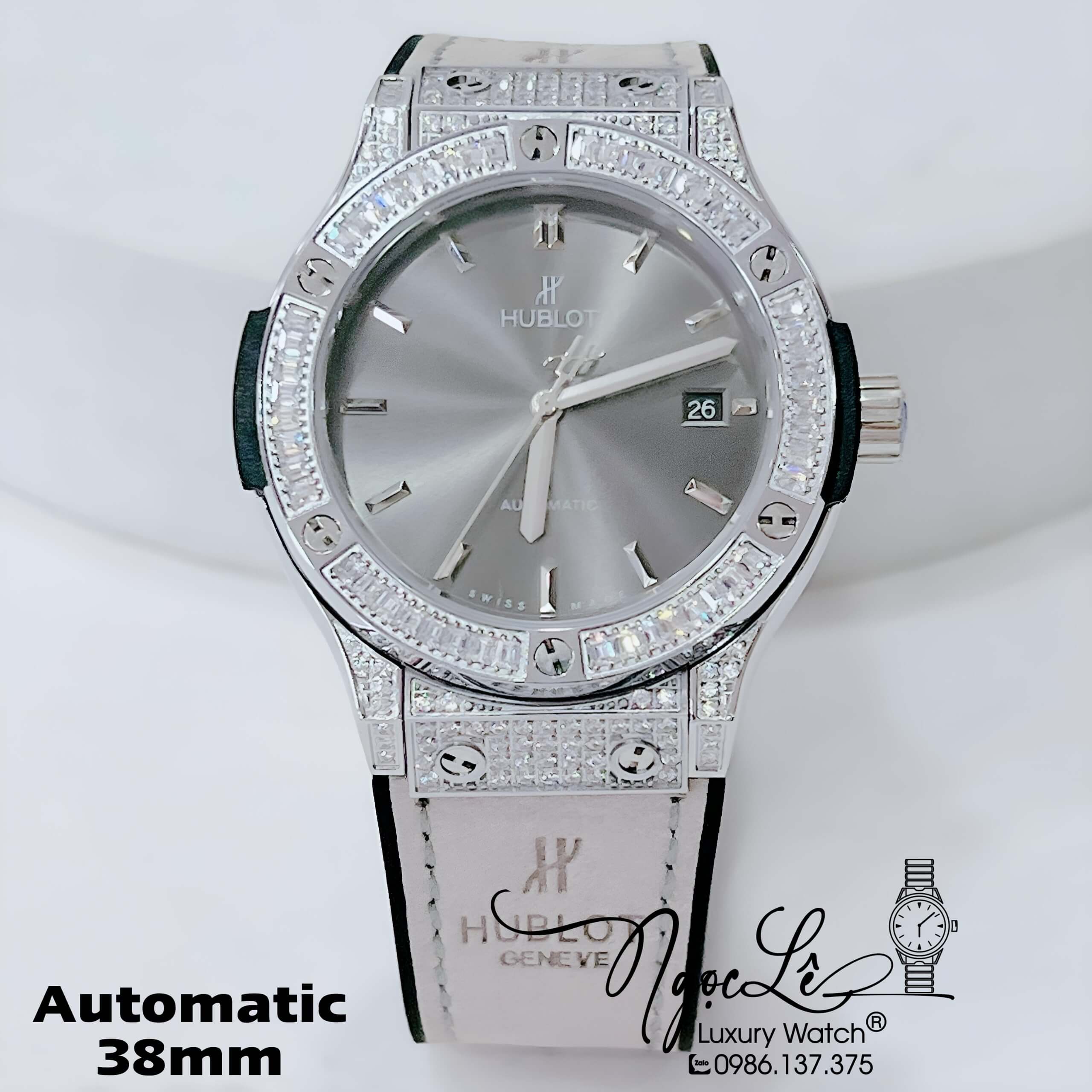 Đồng Hồ Hublot Nam Tự Động Dây Da Silicon Xám Đính Đá Bạc Size 38mm