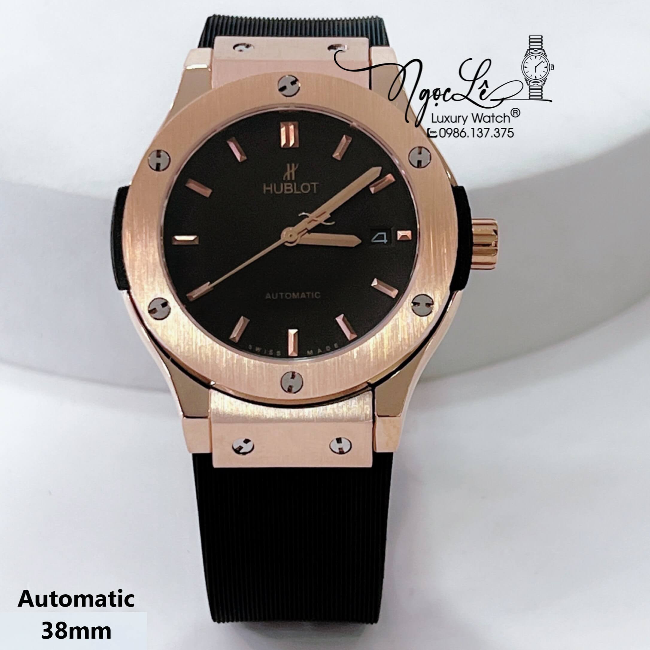 Đồng Hồ Hublot Nam Tự Động Dây Silicon Đen Vỏ Rose Size 38mm