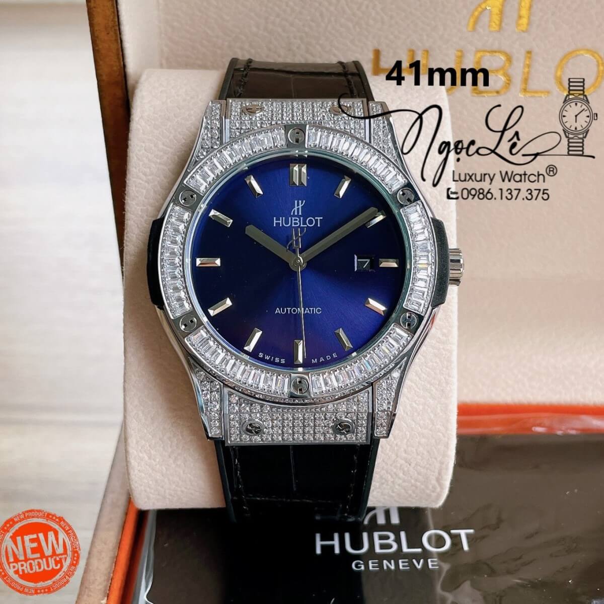 Đồng Hồ Nam Hublot Classic Fusion 42mm Dây Da Silicon Đen Mặt Xanh Vỏ Bạc Đính Đá