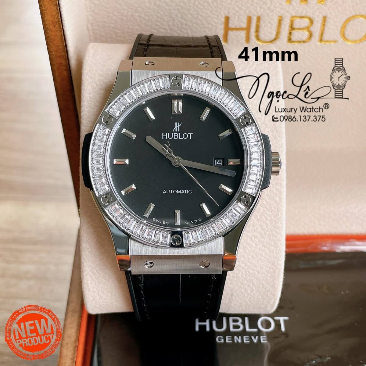 Đồng Hồ Nam Hublot Classic Fusion 42mm Dây Da Silicon Đen Vỏ Bạc Đính Đá Ống