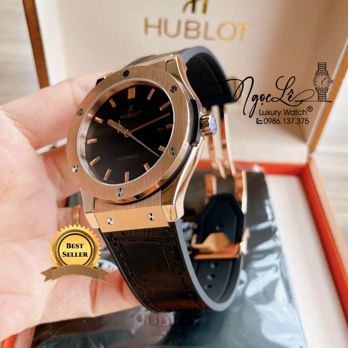 Đồng Hồ Nam Hublot Classic Fusion 42mm Dây Da Silicon Đen Vỏ Vàng Hồng
