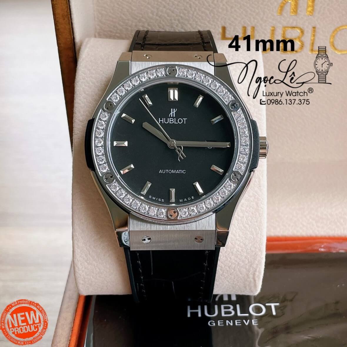 Đồng Hồ Nam Hublot Classic Fusion 42mm Dây Da Silicon Đen Vỏ Bạc Đính Đá
