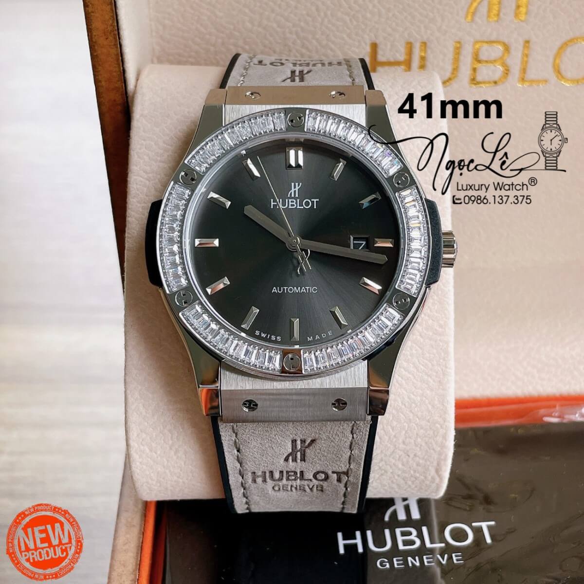 Đồng Hồ Nam Hublot Classic Fusion 42mm Dây Da Silicon Xám Vỏ Bạc Đính Đá Ống