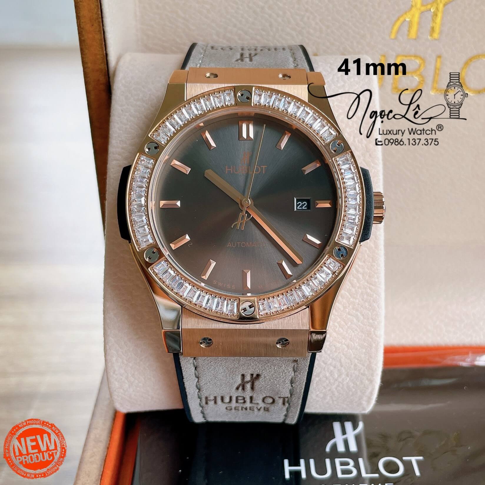 Đồng Hồ Nam Hublot Classic Fusion 42mm Dây Da Silicon Xám Vỏ Rose Đính Đá