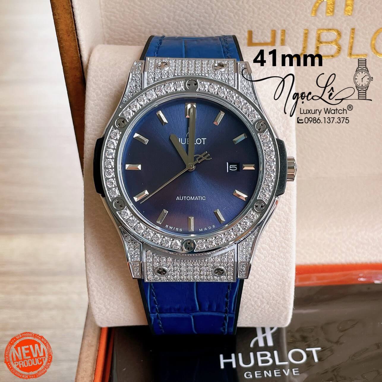 Đồng Hồ Nam Hublot Classic Fusion 42mm Dây Da Silicon Xanh Vỏ Bạc Đính Đá