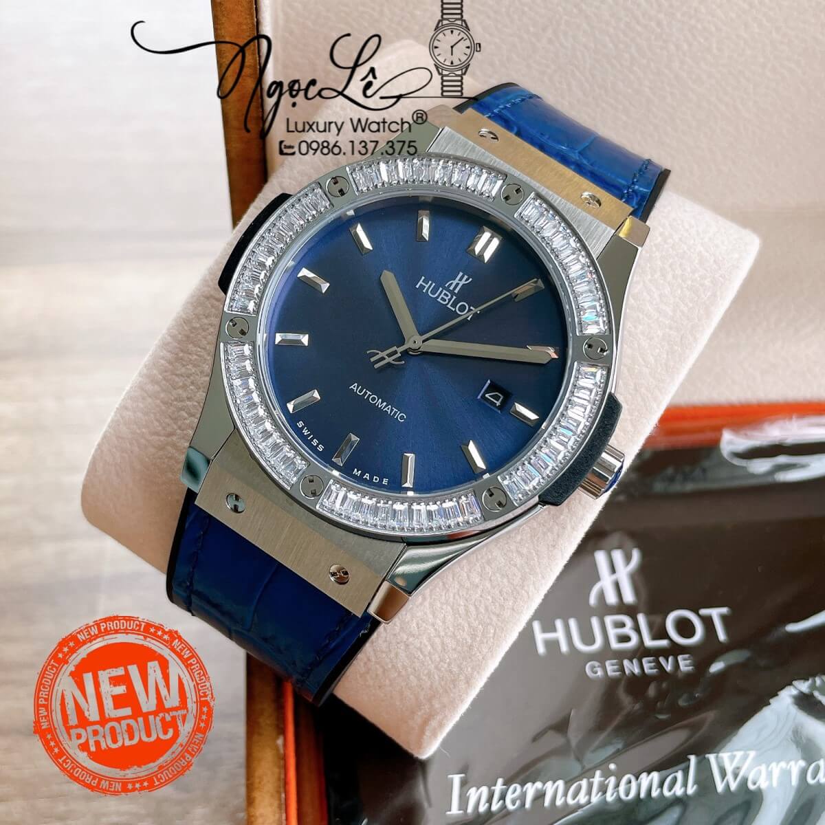 Đồng Hồ Nam Hublot Classic Fusion 42mm Dây Da Silicon Xanh Dương Vỏ Bạc Đính Đá