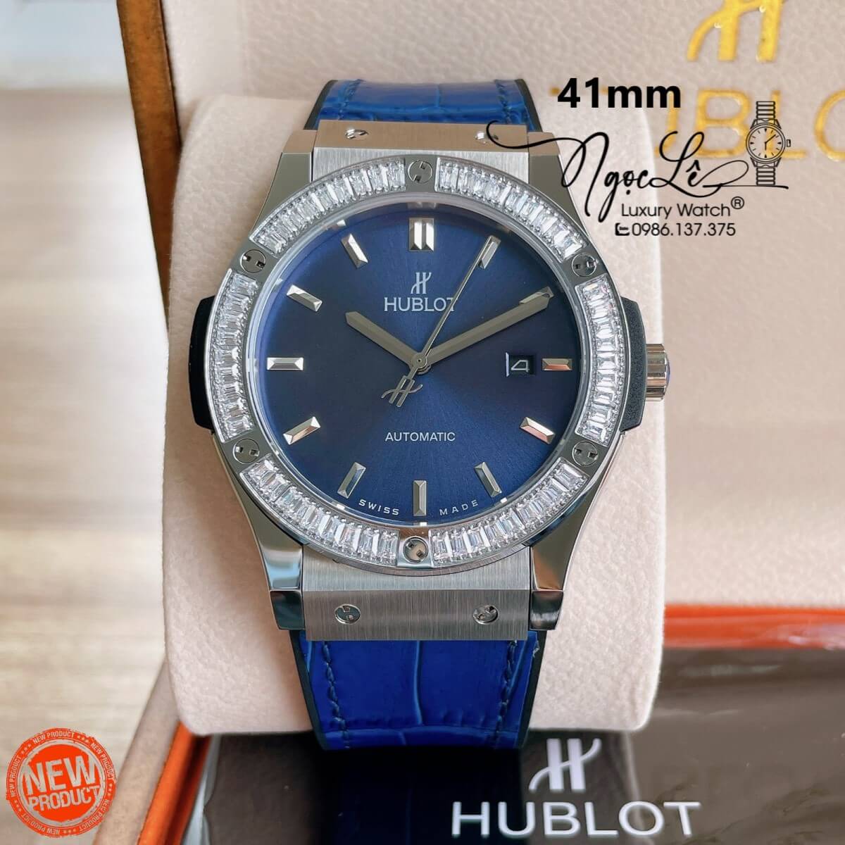Đồng Hồ Nam Hublot Classic Fusion 42mm Dây Da Silicon Xanh Dương Vỏ Bạc Đính Đá