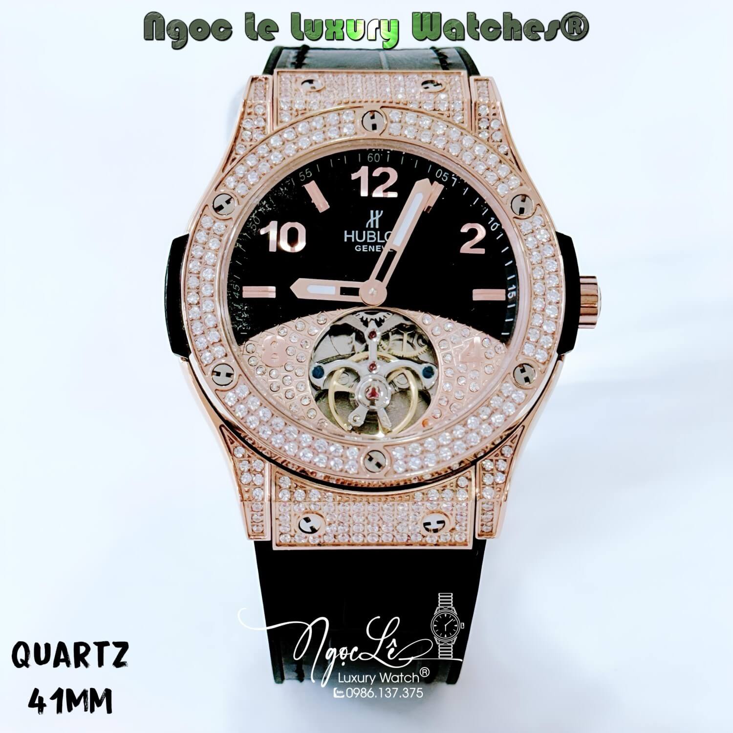 Đồng Hồ Nam Tự Động Hublot Tourbillon Big Bang Dây Da Silicon Đen Vỏ Rose Size 42mm