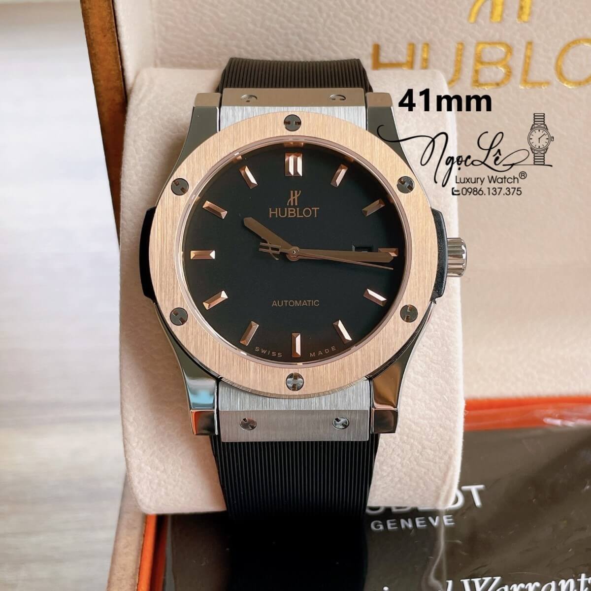 Đồng Hồ Nam Hublot Classic Fusion 42mm Dây Silicon Đen Vỏ Demi Vàng Hồng