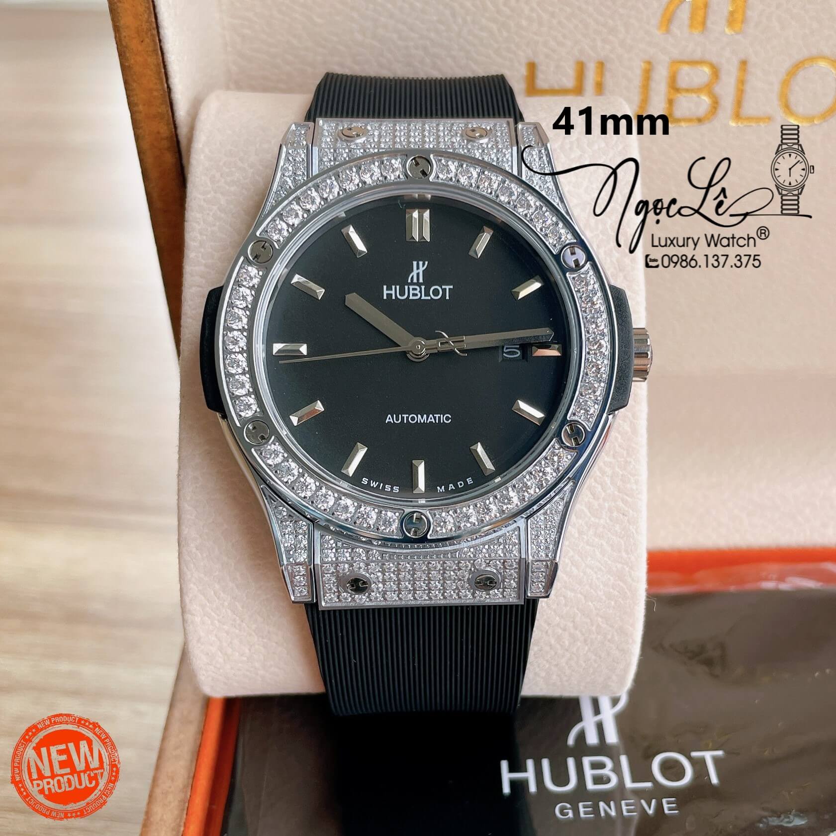 Đồng Hồ Nam Hublot Classic Fusion 42mm Dây Silicon Đen Vỏ Bạc Đính Đá Tròn