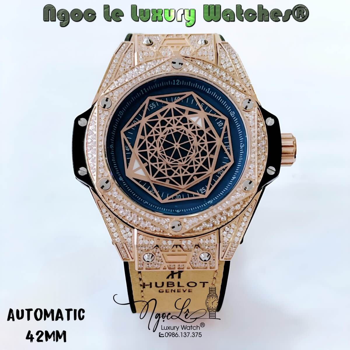 Đồng Hồ Nam Tự Động Hublot Big Bang Sang Bleu King Dây Da Nâu Vỏ Rose Size 42mm