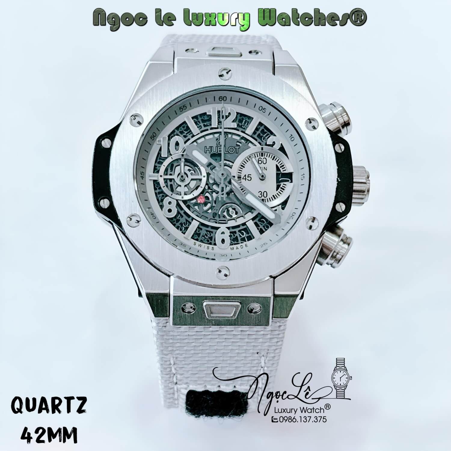 Đồng Hồ Hublot Big Bang Unico King Quartz Dây Da Silicon Trắng Vỏ Bạc Size 42mm