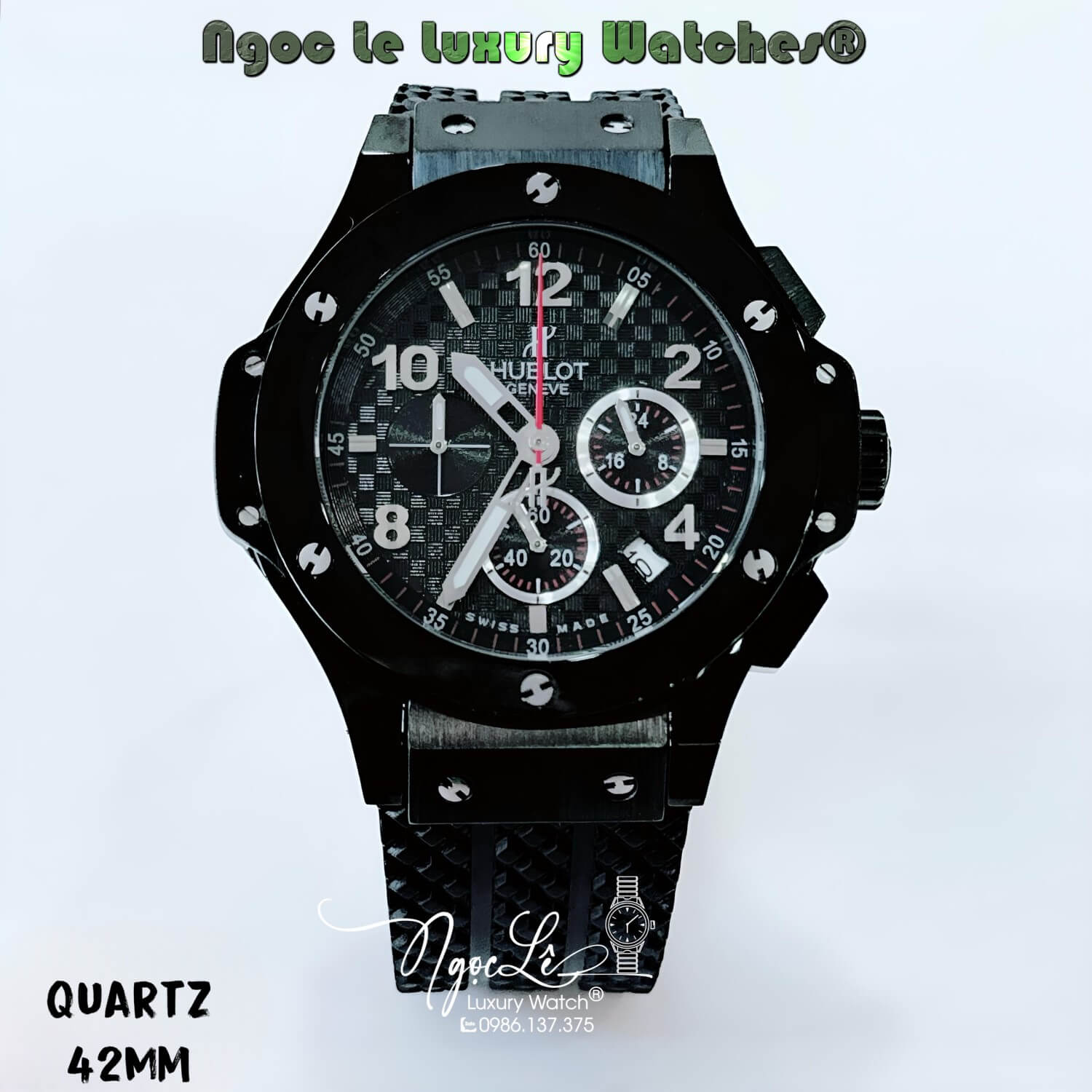 Đồng Hồ Nam Hublot Big Bang Máy Quartz Dây Silicon Đen Vỏ Đen Size 42mm