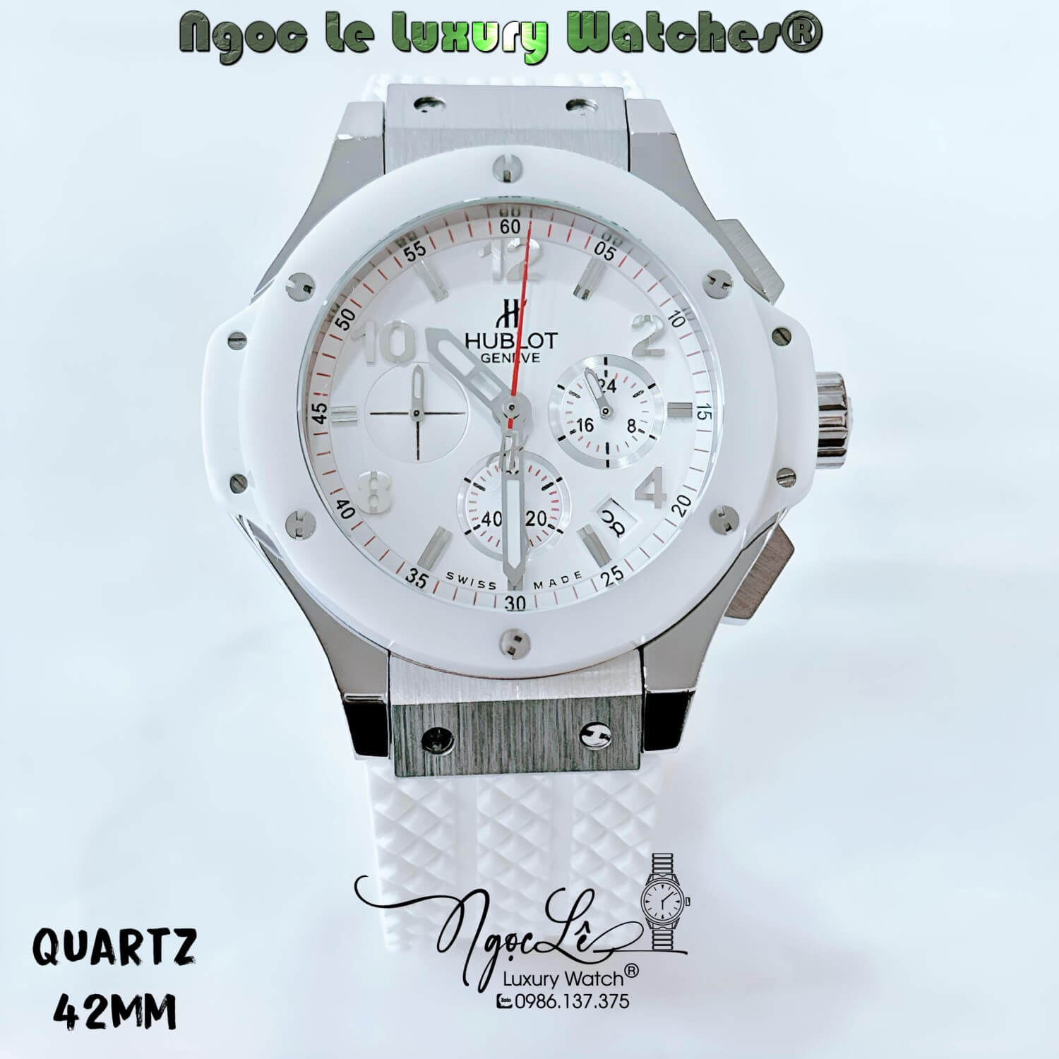 Đồng Hồ Nam Hublot Big Bang Máy Quartz Dây Silicon Trắng Vỏ Silver Size 42mm