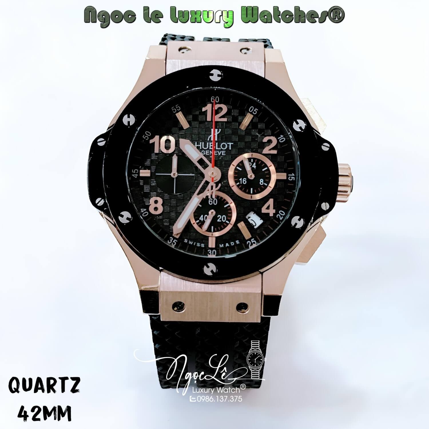 Đồng Hồ Nam Hublot Big Bang Máy Quartz Dây Silicon Đen Vỏ Rose Size 42mm