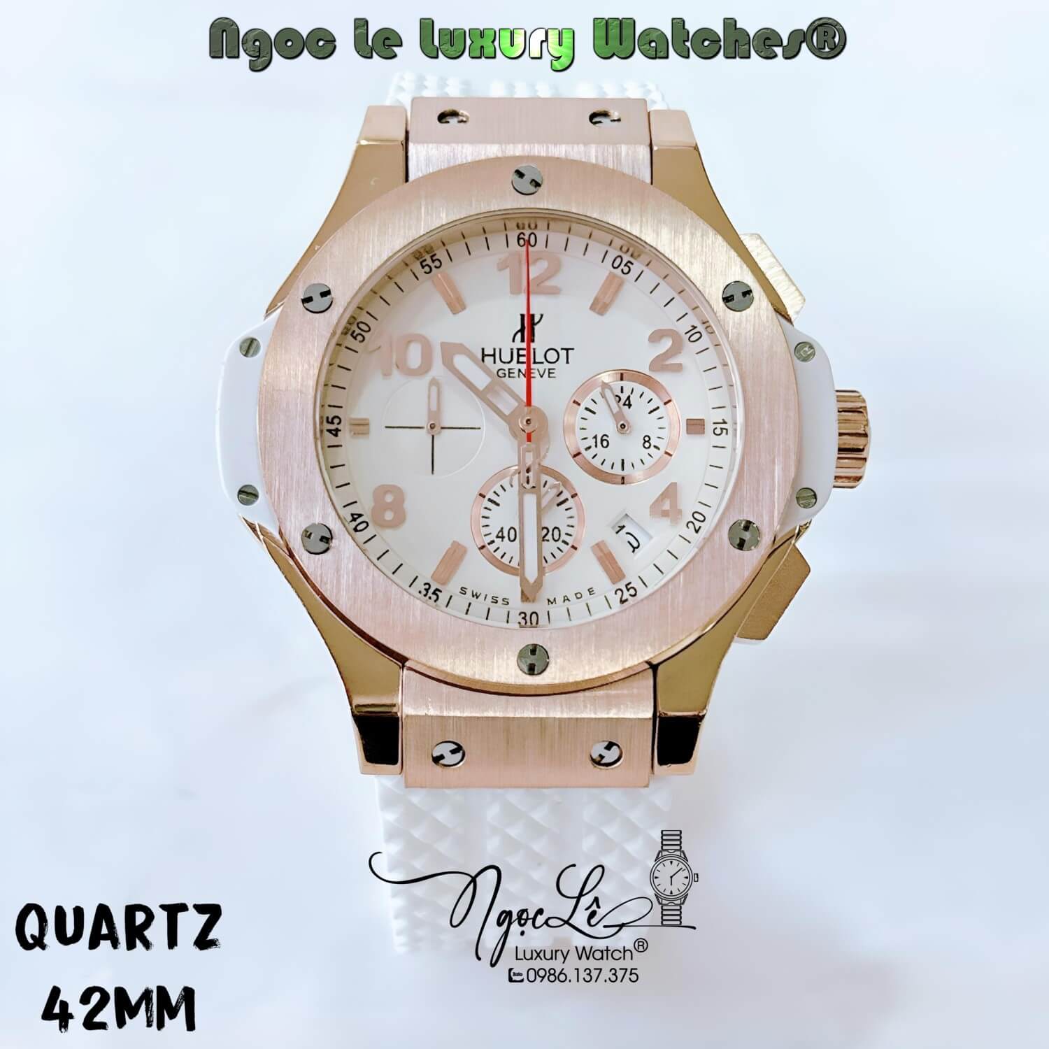 Đồng Hồ Nam Hublot Big Bang Máy Quartz Dây Silicon Trắng Vỏ Rose Size 42mm