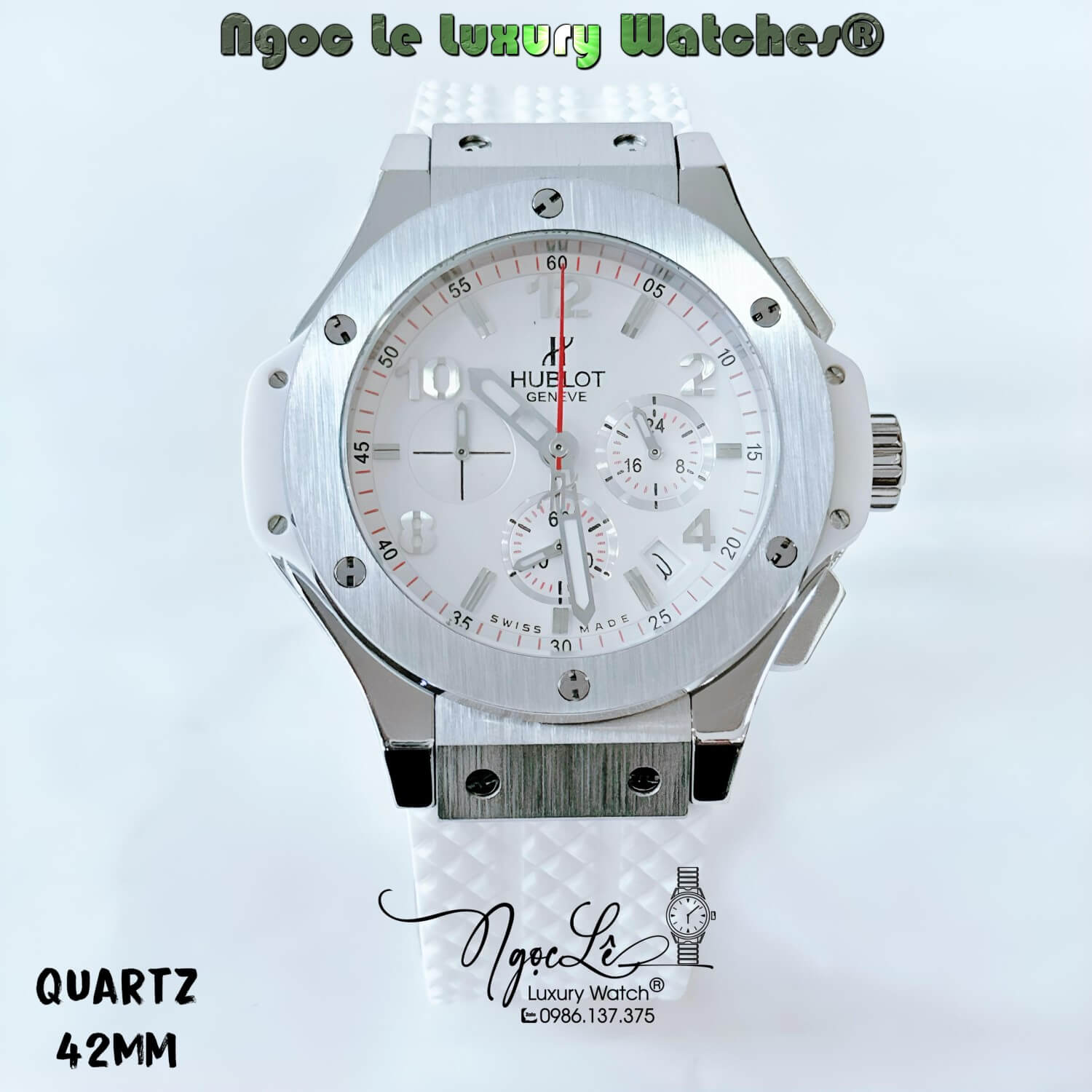 Đồng Hồ Nam Hublot Big Bang Máy Quartz Dây Silicon Trắng Vỏ Silver Size 42mm