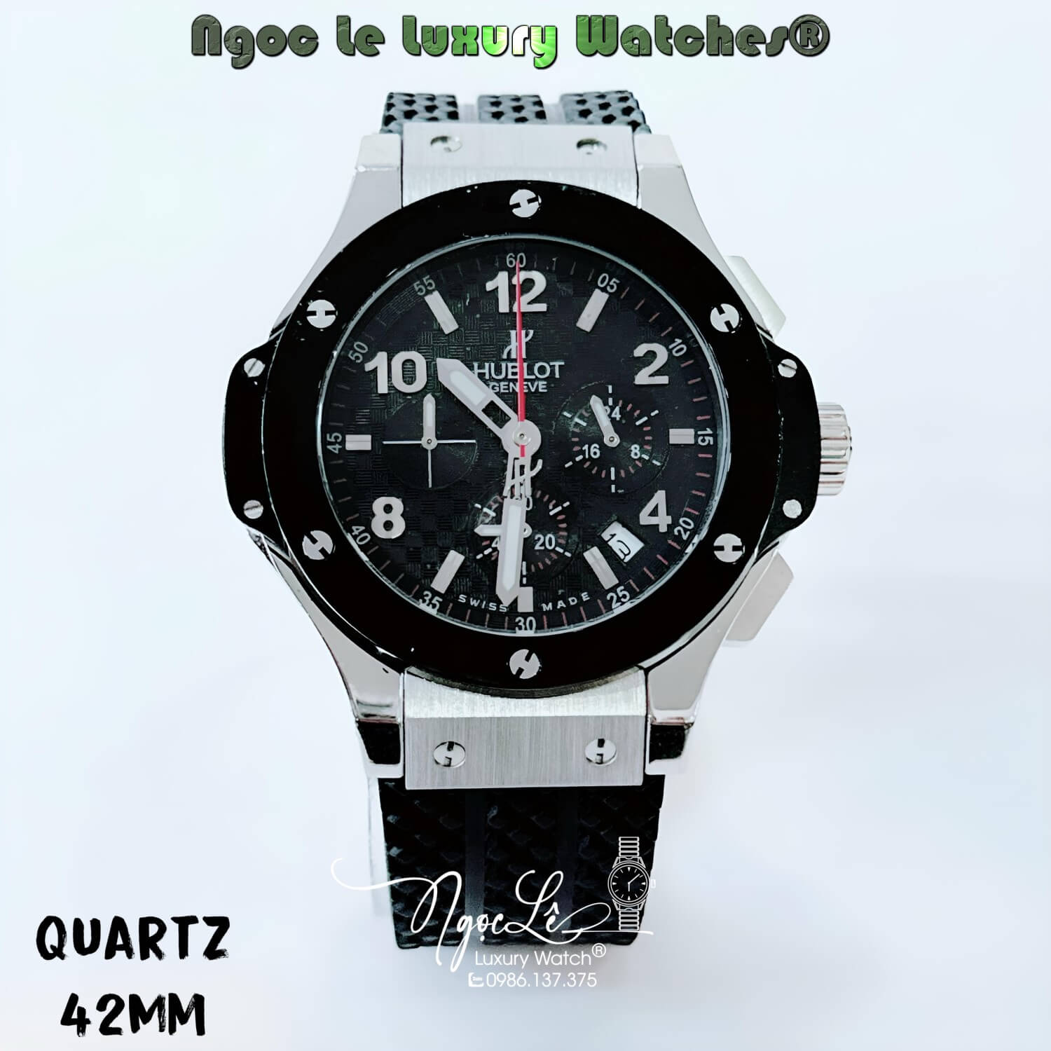 Đồng Hồ Nam Hublot Big Bang Máy Quartz Dây Silicon Đen Vỏ Đen Size 42mm
