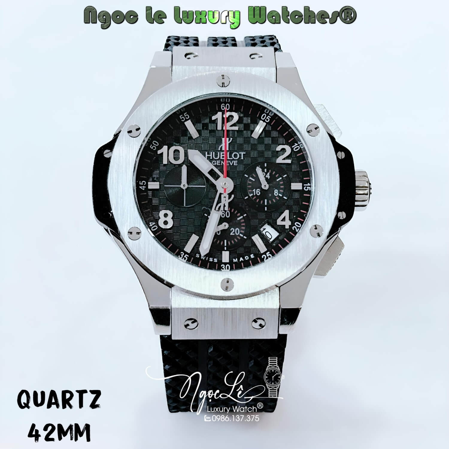 Đồng Hồ Nam Hublot Big Bang Máy Quartz Dây Silicon Đen Vỏ Bạc Size 42mm