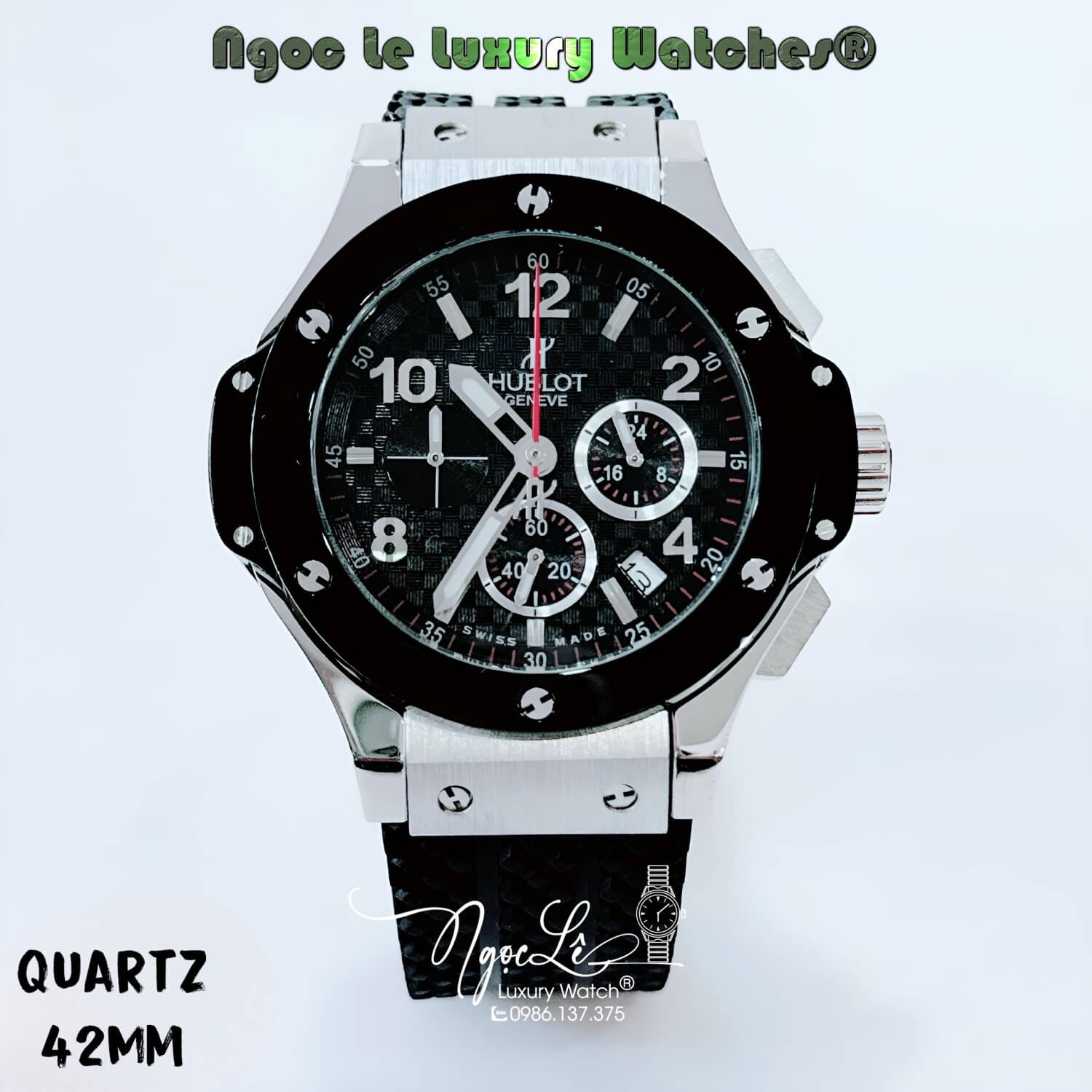 Đồng Hồ Nam Hublot Big Bang Máy Quartz Dây Silicon Đen Vỏ Bạc Size 42mm