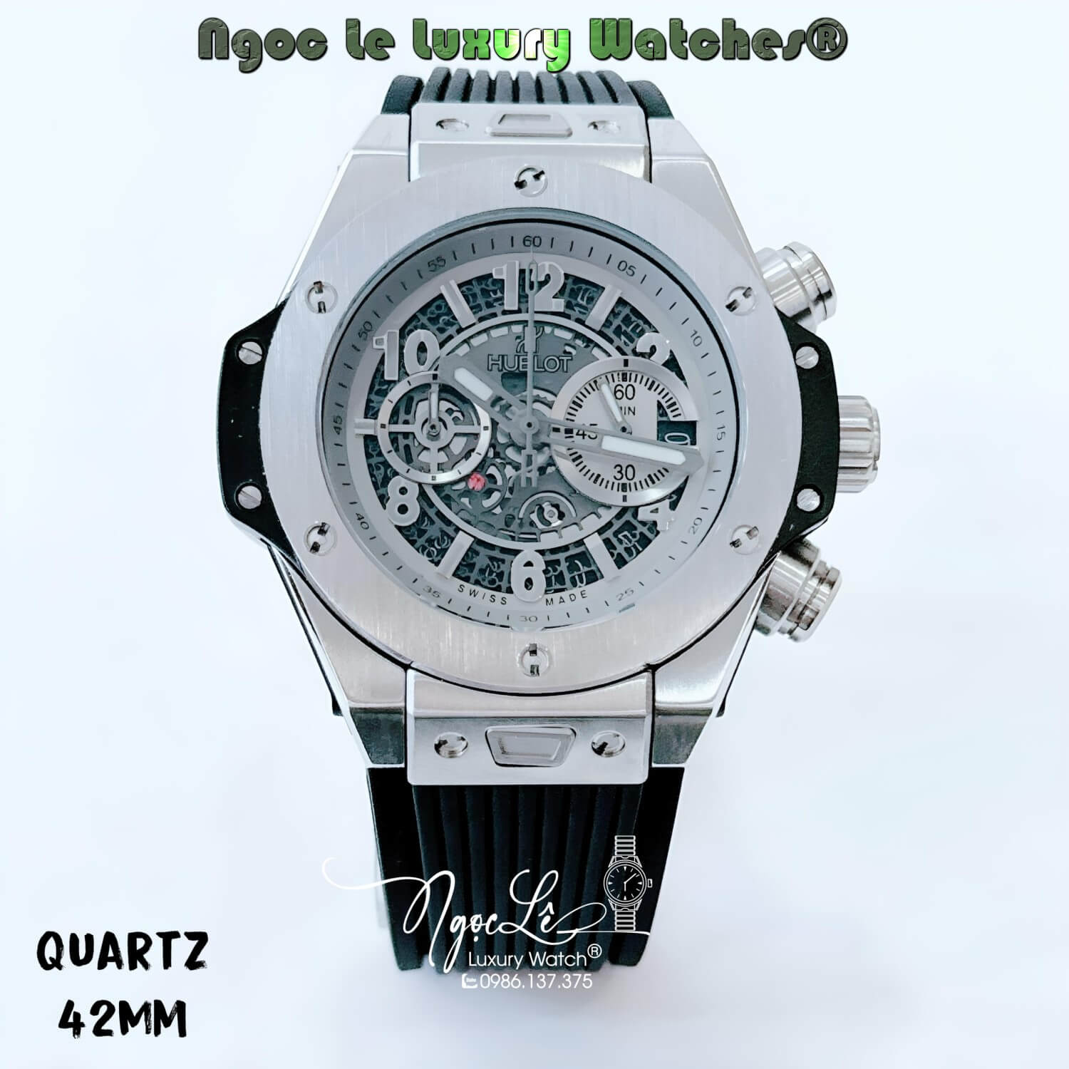Đồng Hồ Hublot Big Bang Unico King Quartz Dây Silicon Đen Vỏ Silver Size 42mm