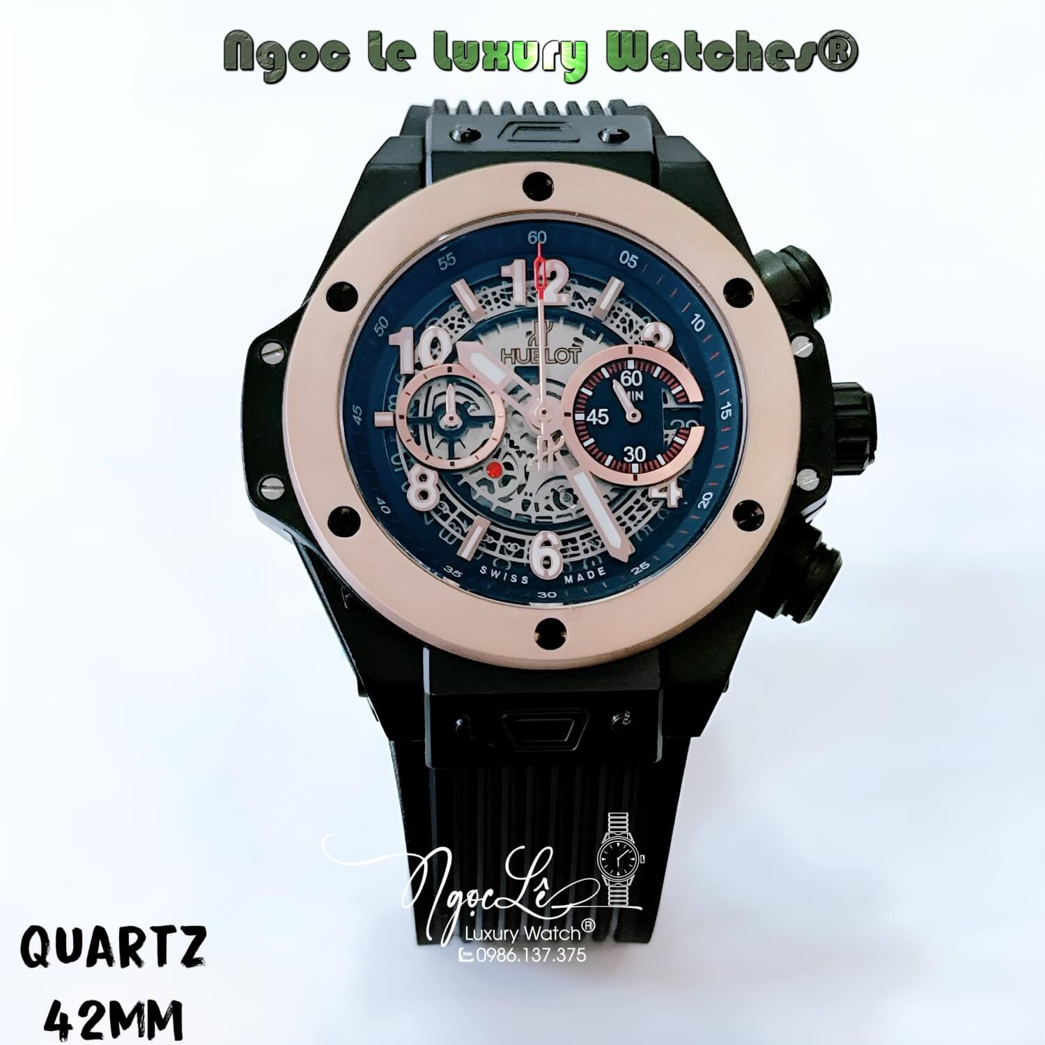 Đồng Hồ Hublot Big Bang Unico King Quartz Dây Silicon Đen Vỏ Rose Size 42mm