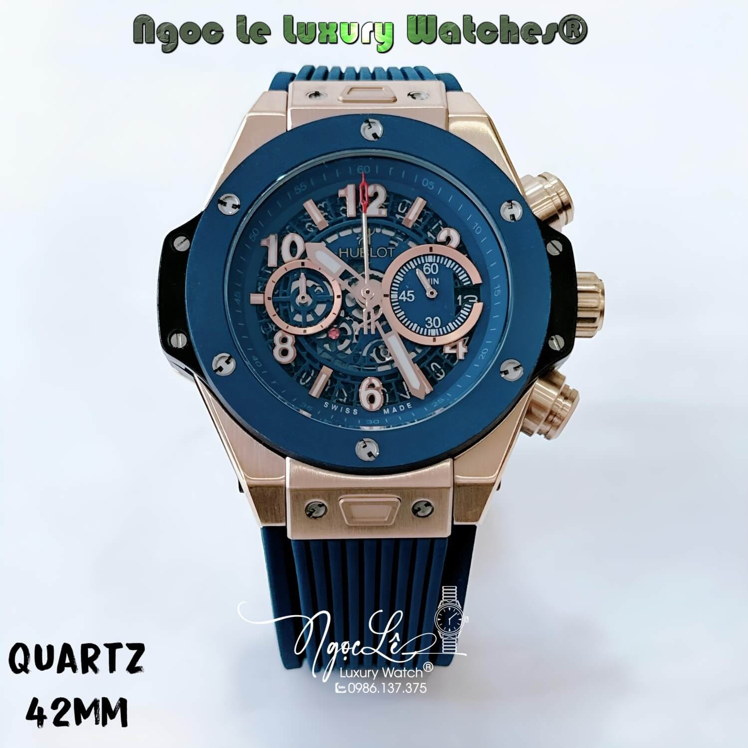Đồng Hồ Hublot Big Bang Unico King Quartz Dây Silicon Xanh Đậm Vỏ Rose Size 42mm