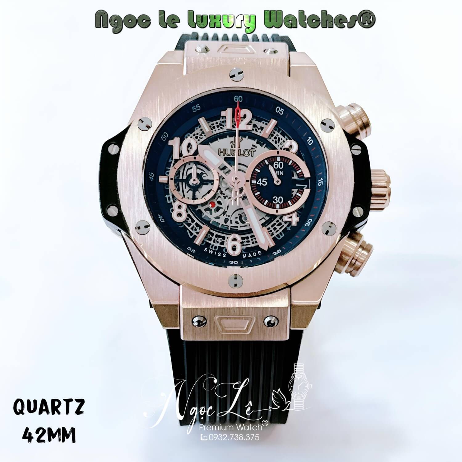 Đồng Hồ Hublot Big Bang Unico King Quartz Dây Silicon Đen Vỏ Rose Size 42mm