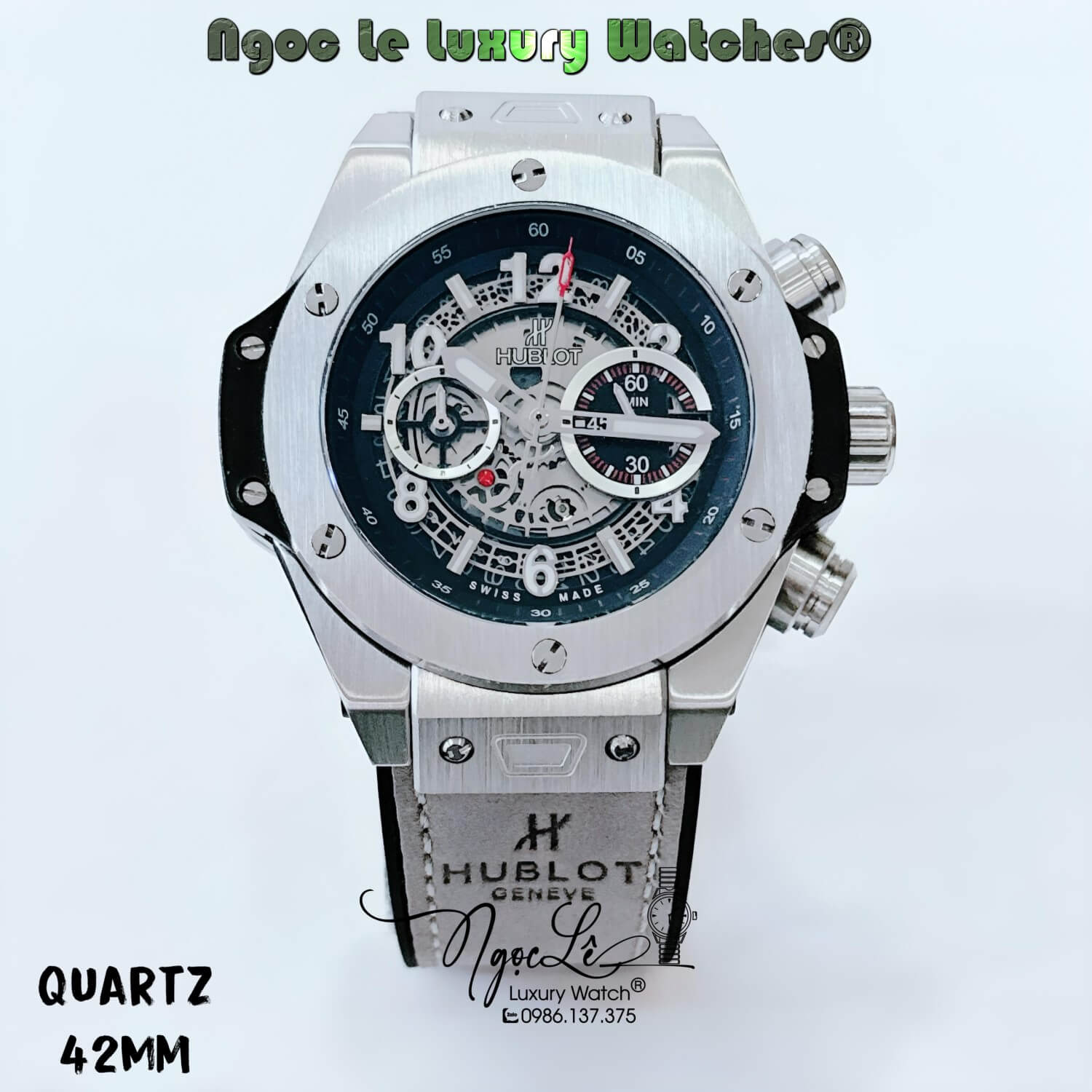 Đồng Hồ Hublot Big Bang Unico King Quartz Dây Da Silicon Xám Vỏ Bạc Size 42mm