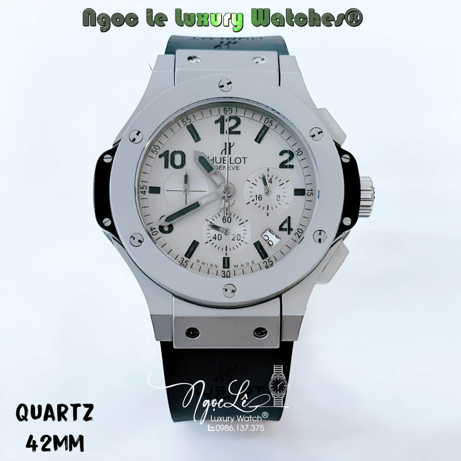 Đồng Hồ Nam Hublot Big Bang Máy Quartz Dây Da Silicon Đen Vỏ Bạc Size 42mm
