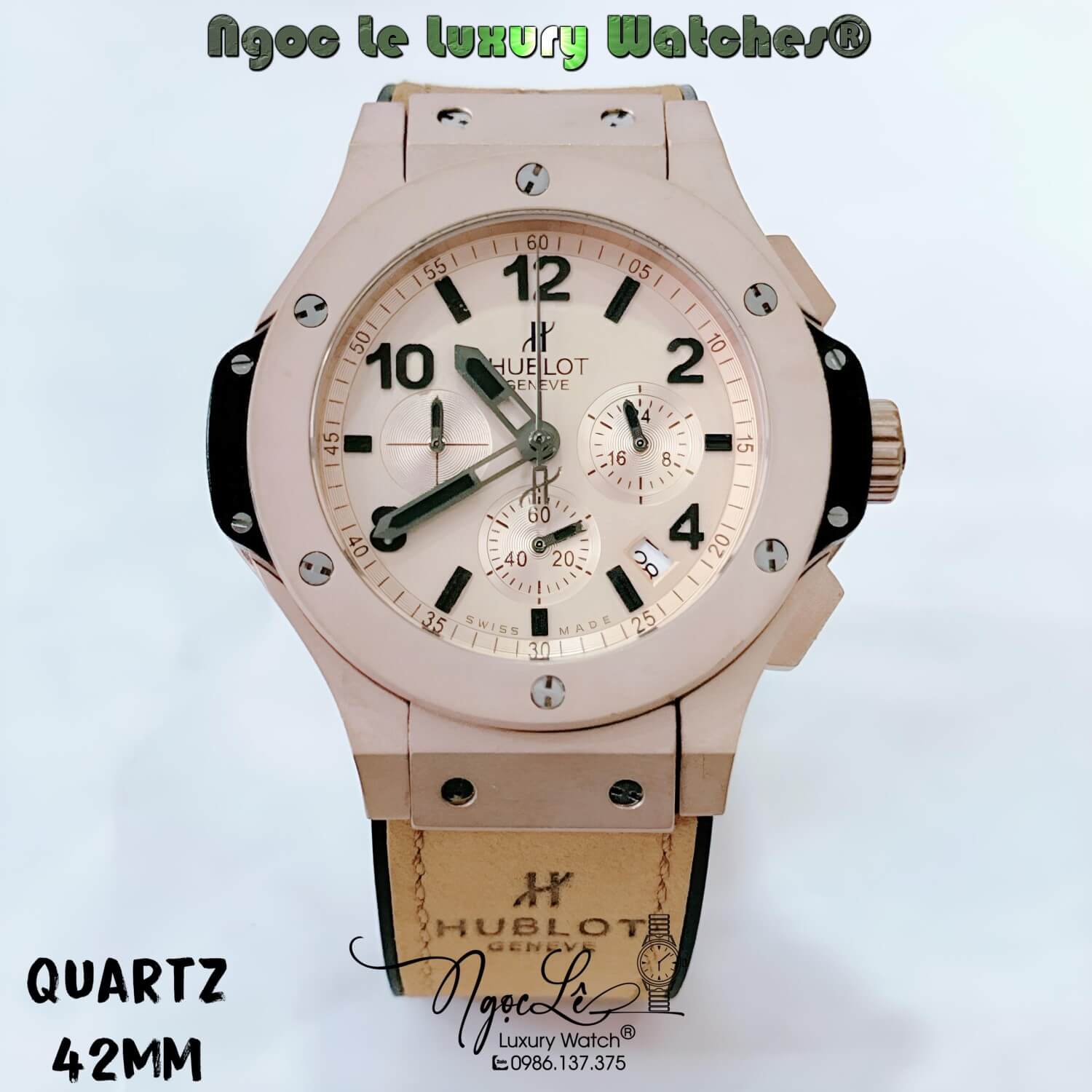 Đồng Hồ Nam Hublot Big Bang Máy Quartz Dây Da Silicon Nâu Vỏ Rose Size 42mm